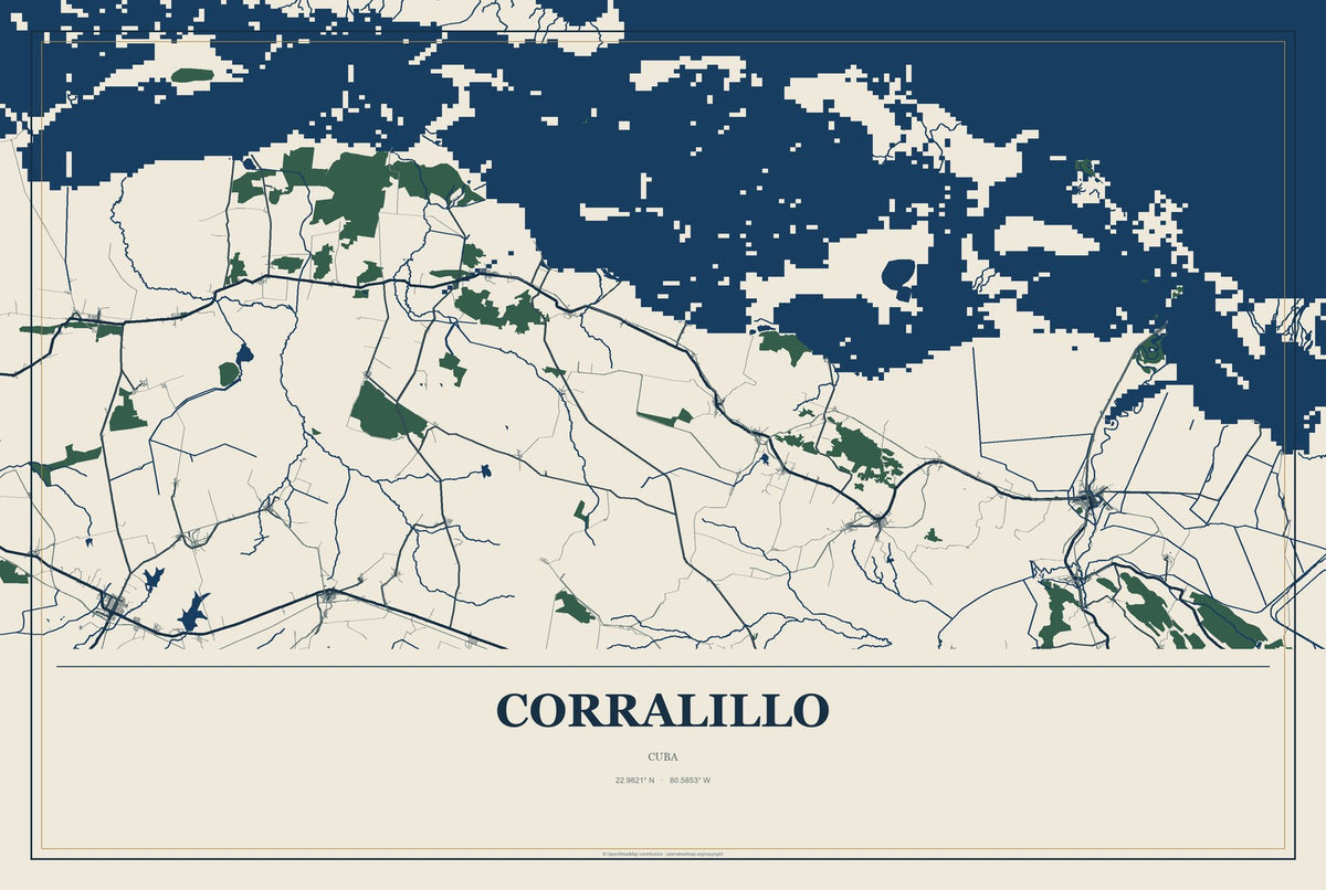 Corralillo, Cuba City Map Aluminum Sign in Coastal Cutout style