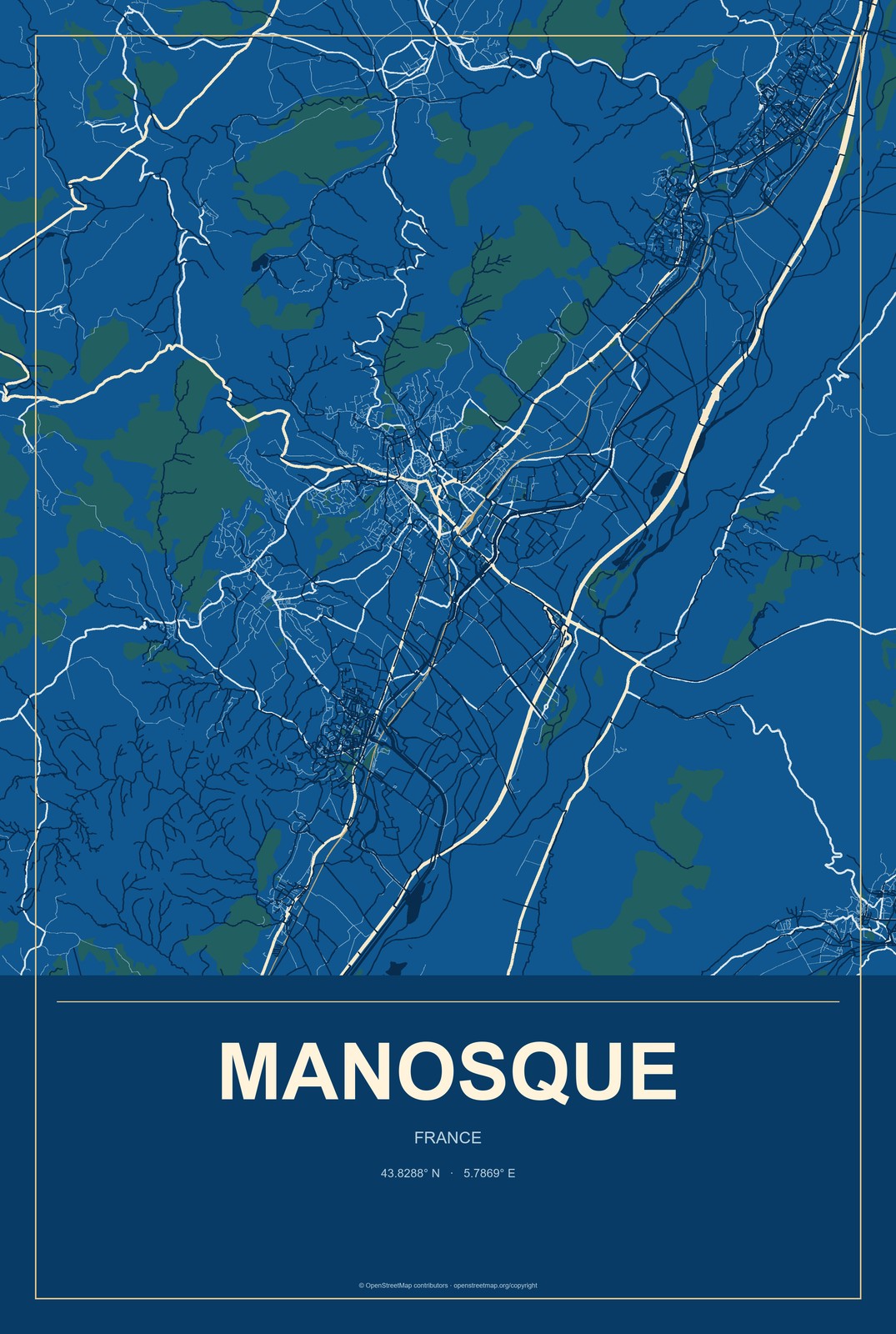 Manosque, France City Map Aluminum Sign in Harbor Cobalt style