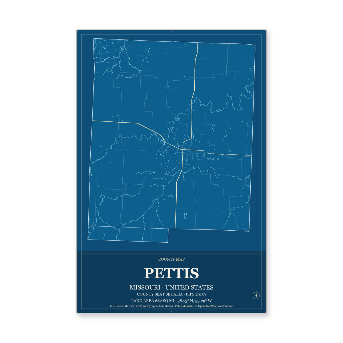 Pettis County, Missouri Map Aluminum Sign in Harbor Cobalt style