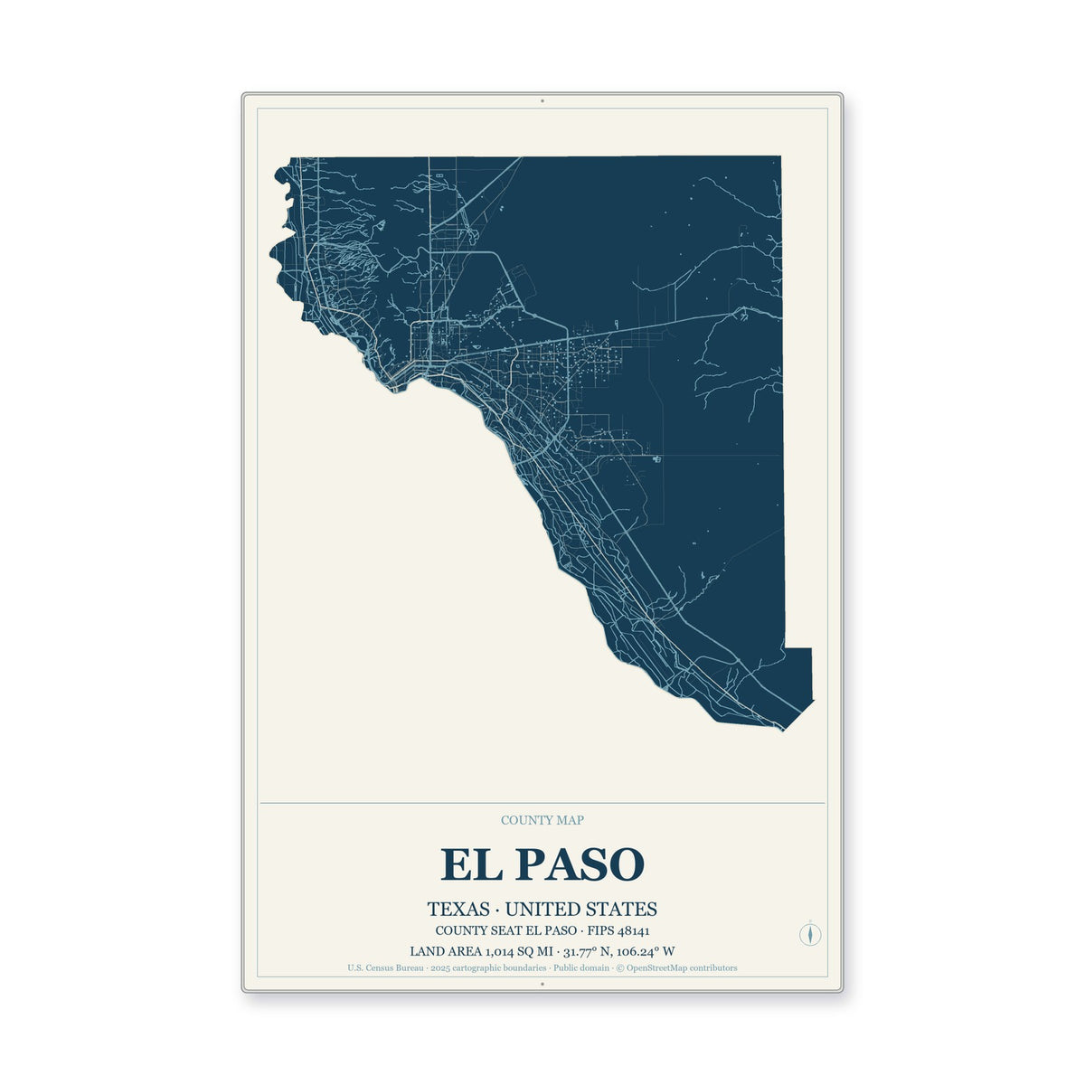 El Paso County, Texas Map Aluminum Sign in Coastal Cutout style