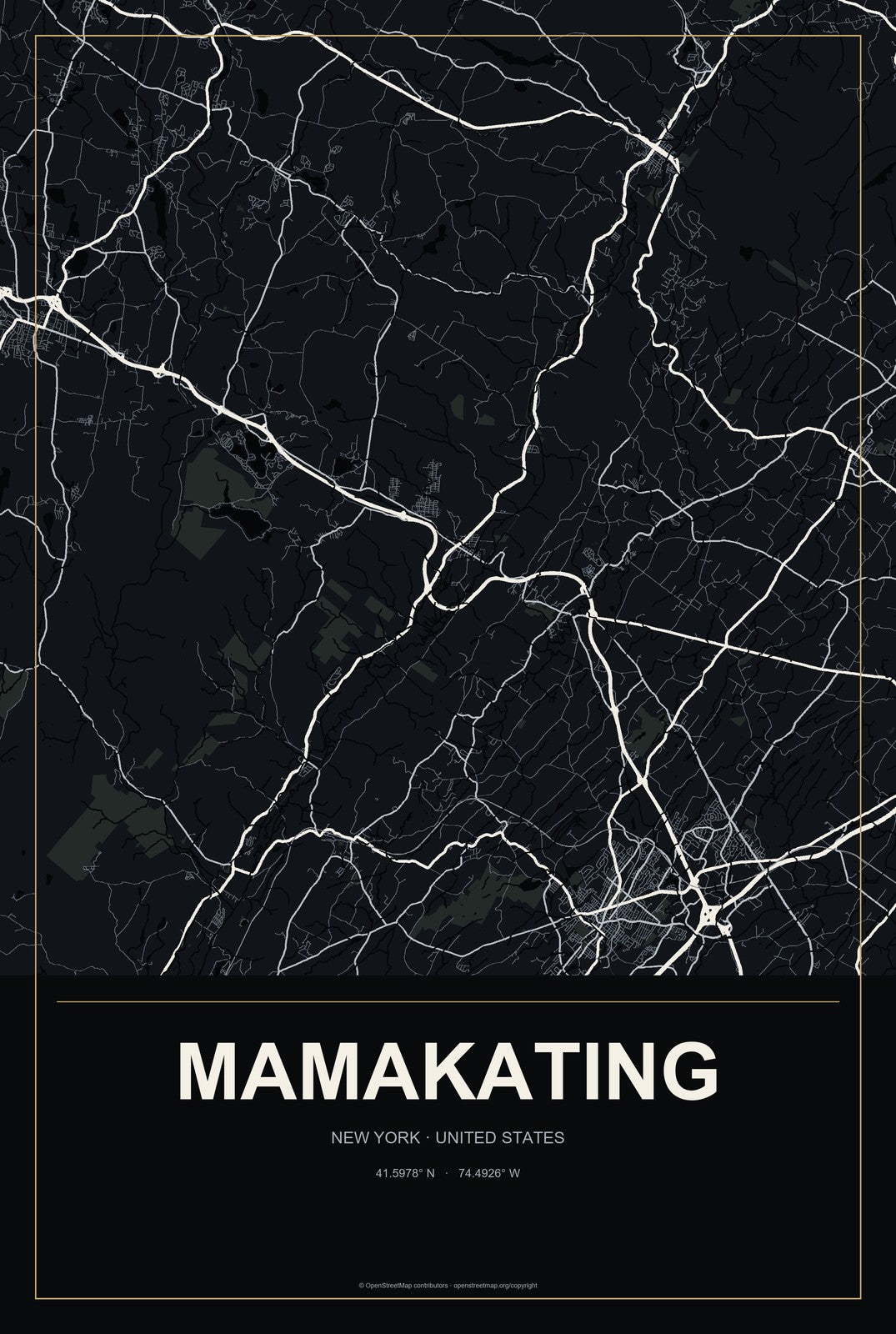 Mamakating, New York City Map Aluminum Sign in Metropolitan Noir style