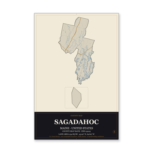 Sagadahoc County, Maine Map Aluminum Sign in Museum Plaque style
