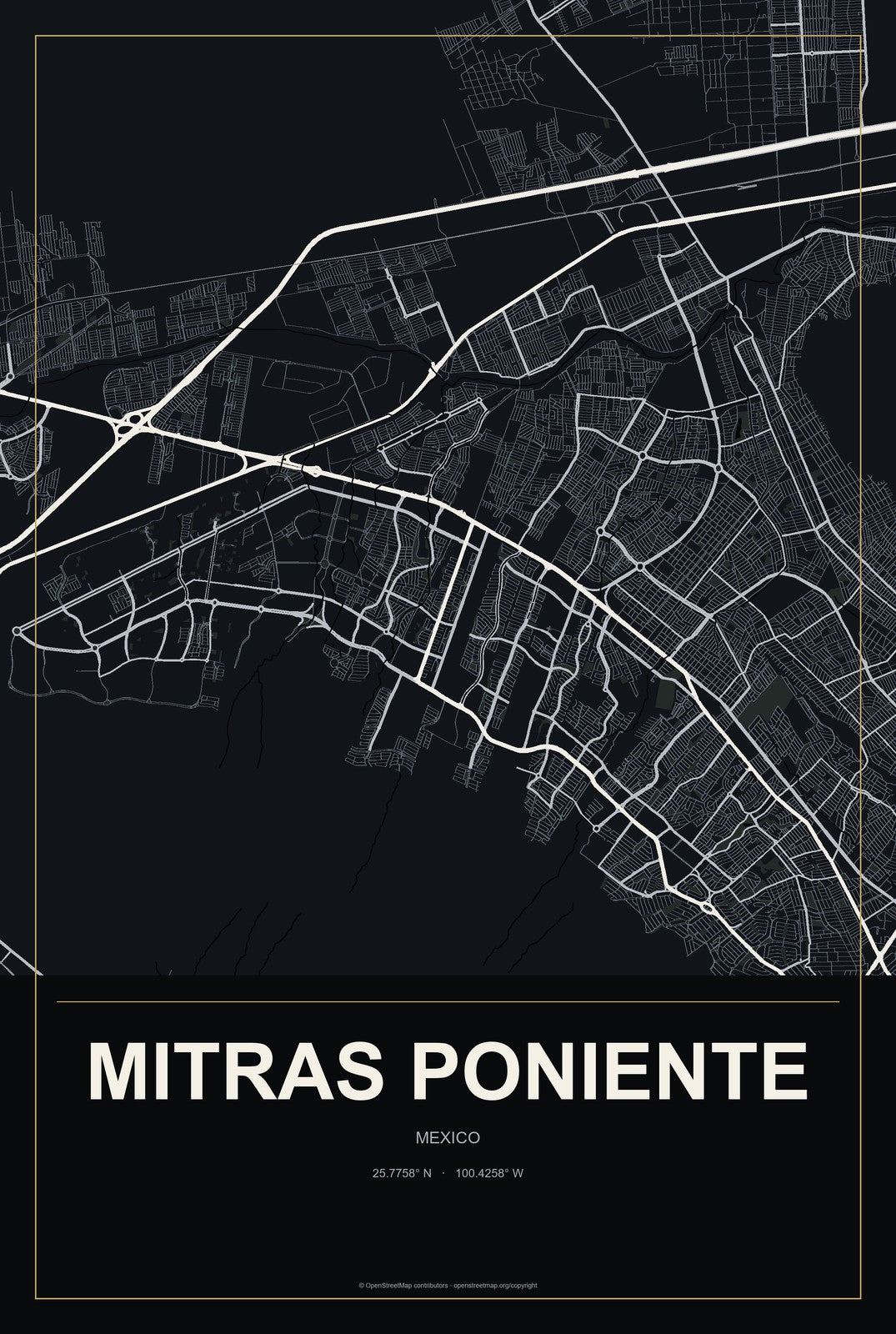 Mitras Poniente, Mexico City Map Aluminum Sign in Metropolitan Noir style