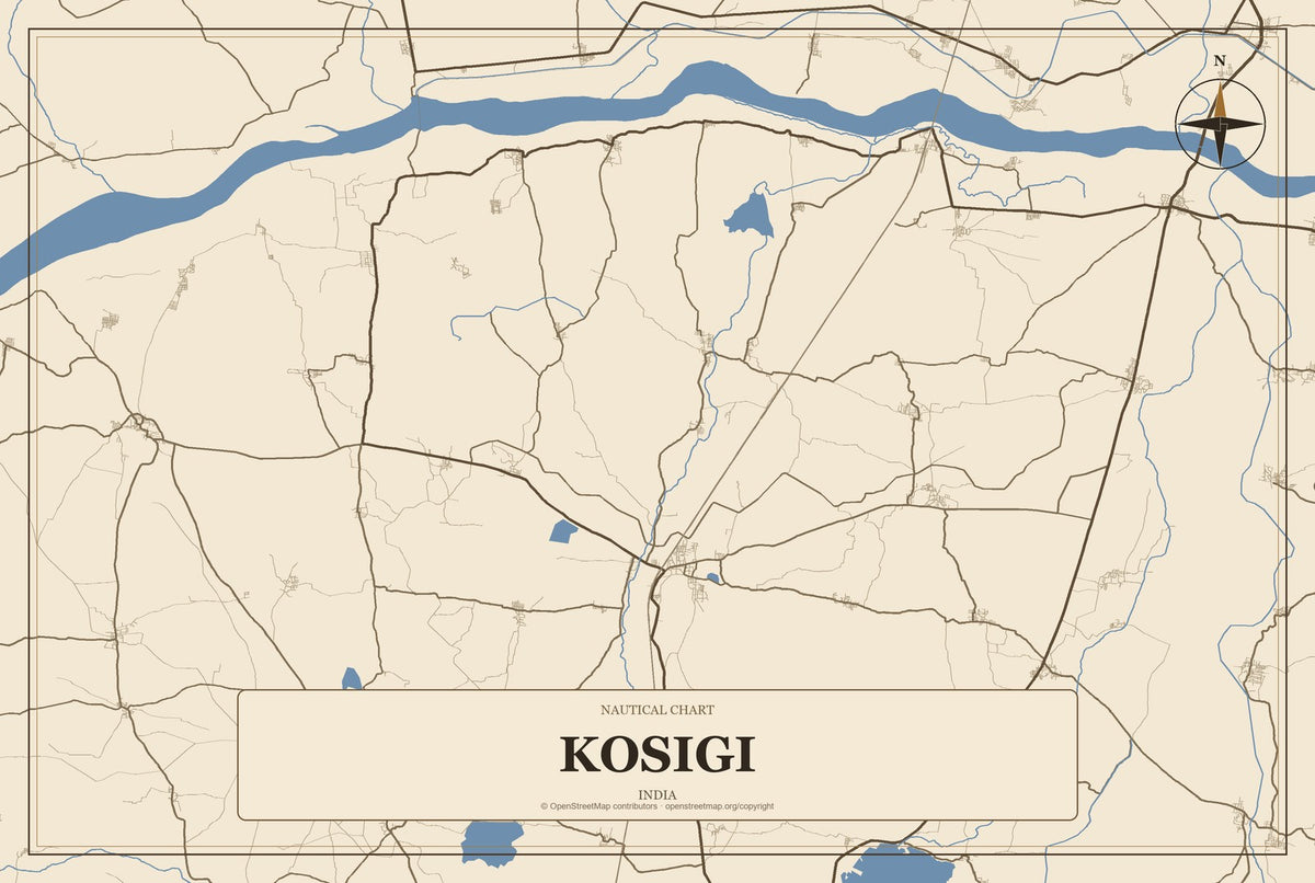 Kosigi, India City Map Aluminum Sign in Heritage Nautical style