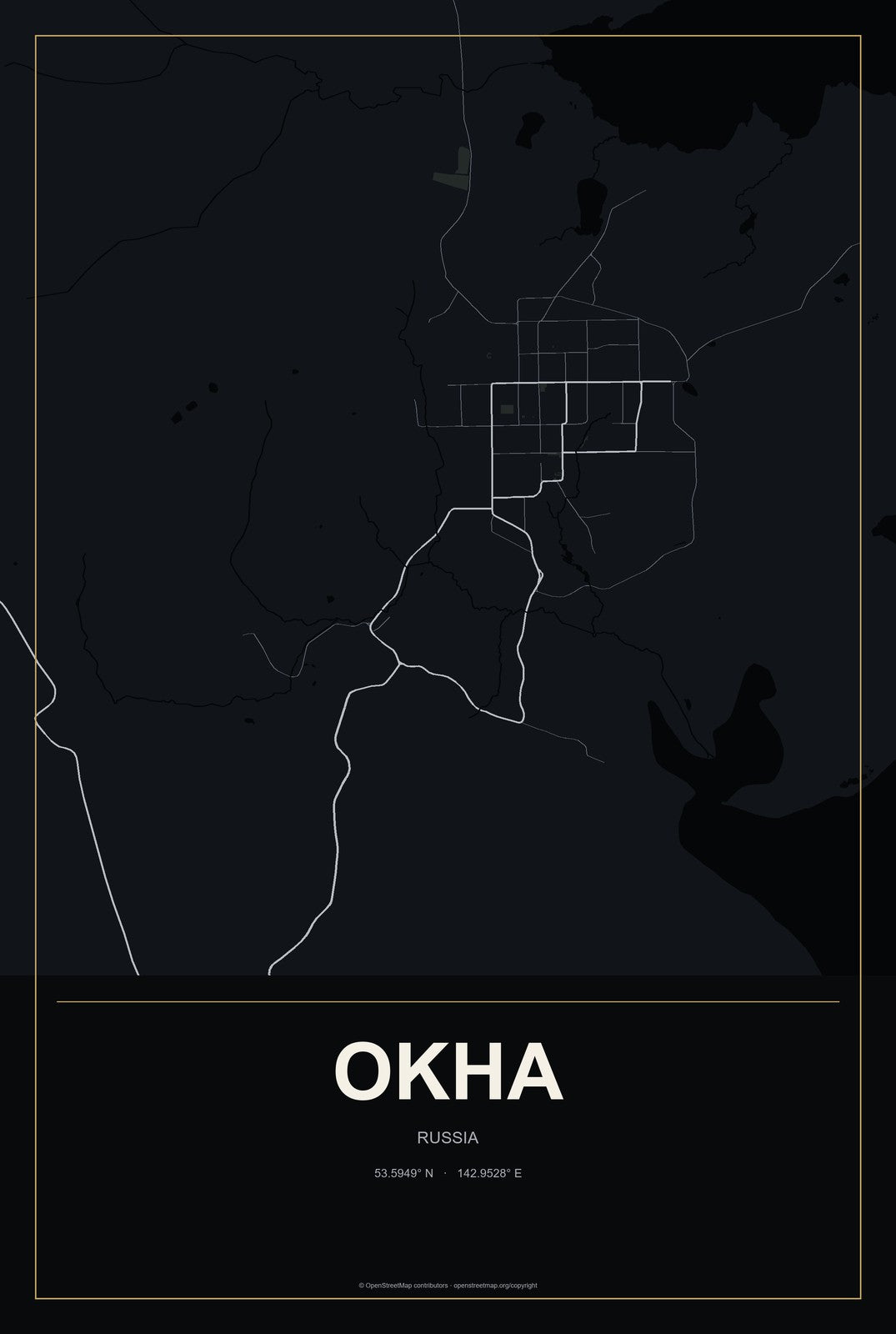 Okha, Russia City Map Aluminum Sign in Metropolitan Noir style