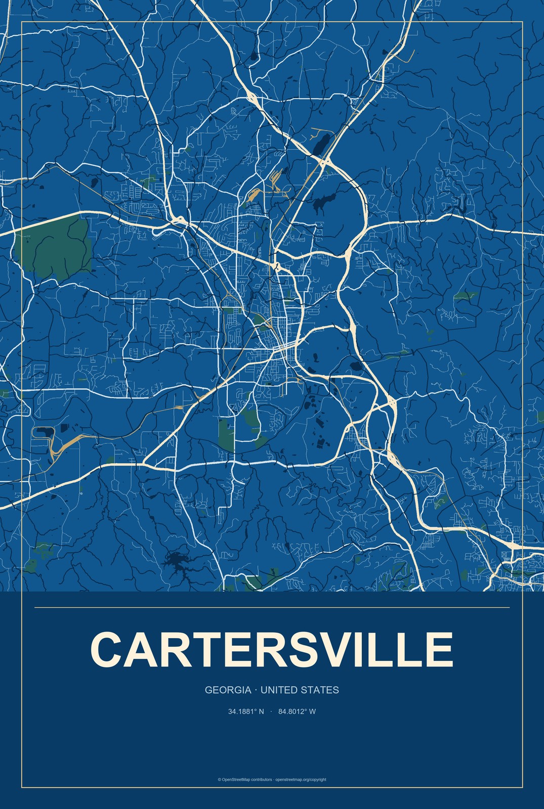 Cartersville, Georgia City Map Aluminum Sign in Harbor Cobalt style