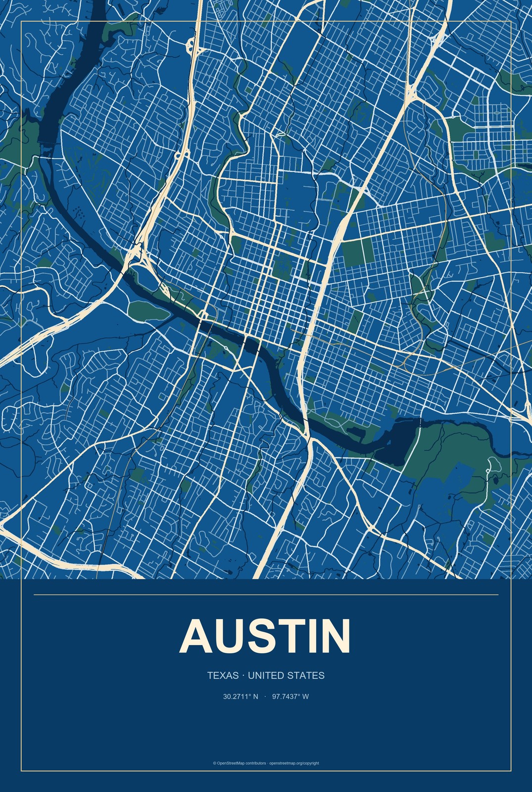 Austin, Texas City Map Aluminum Sign in Harbor Cobalt style