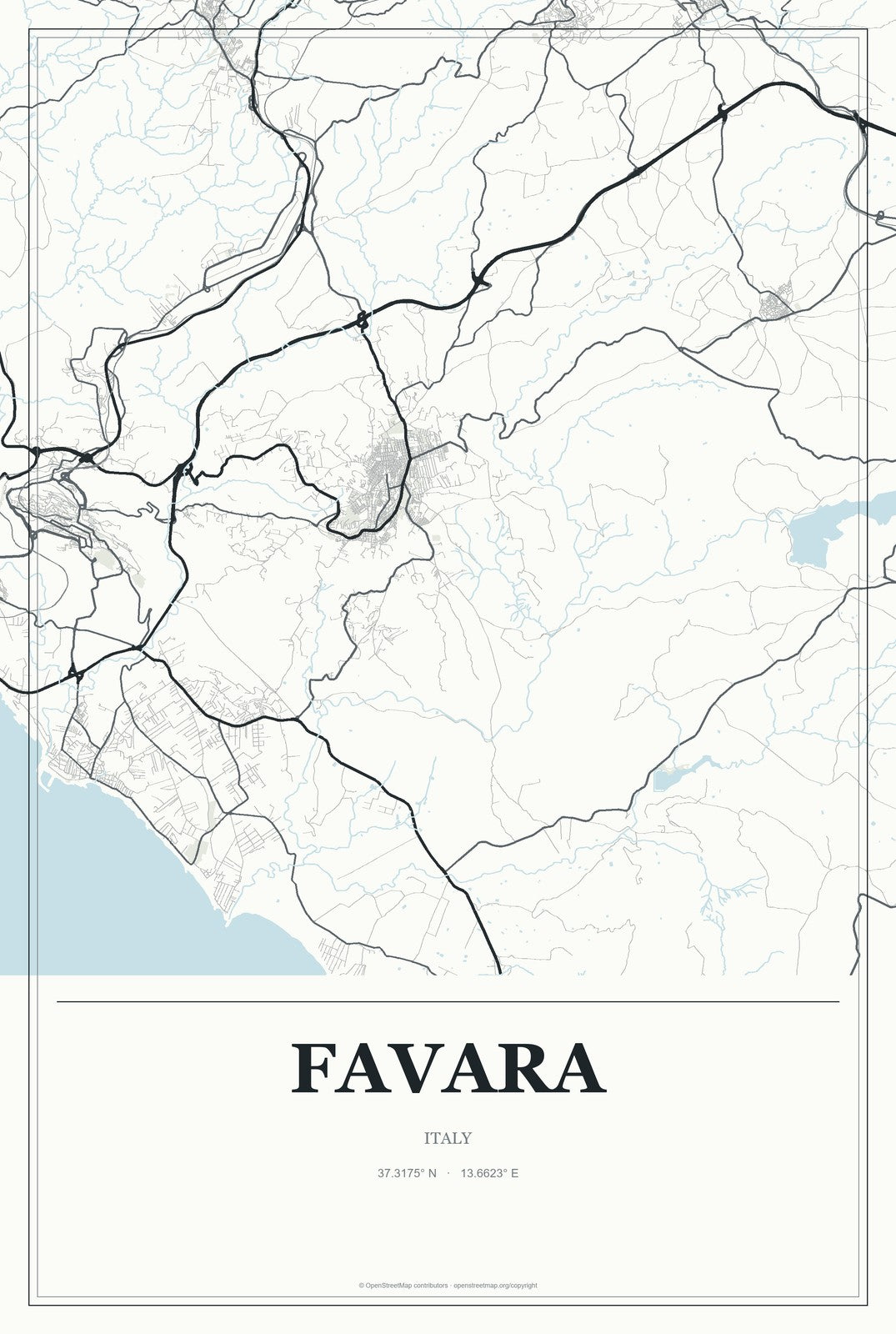 Favara, Italy City Map Aluminum Sign in Gallery Air style
