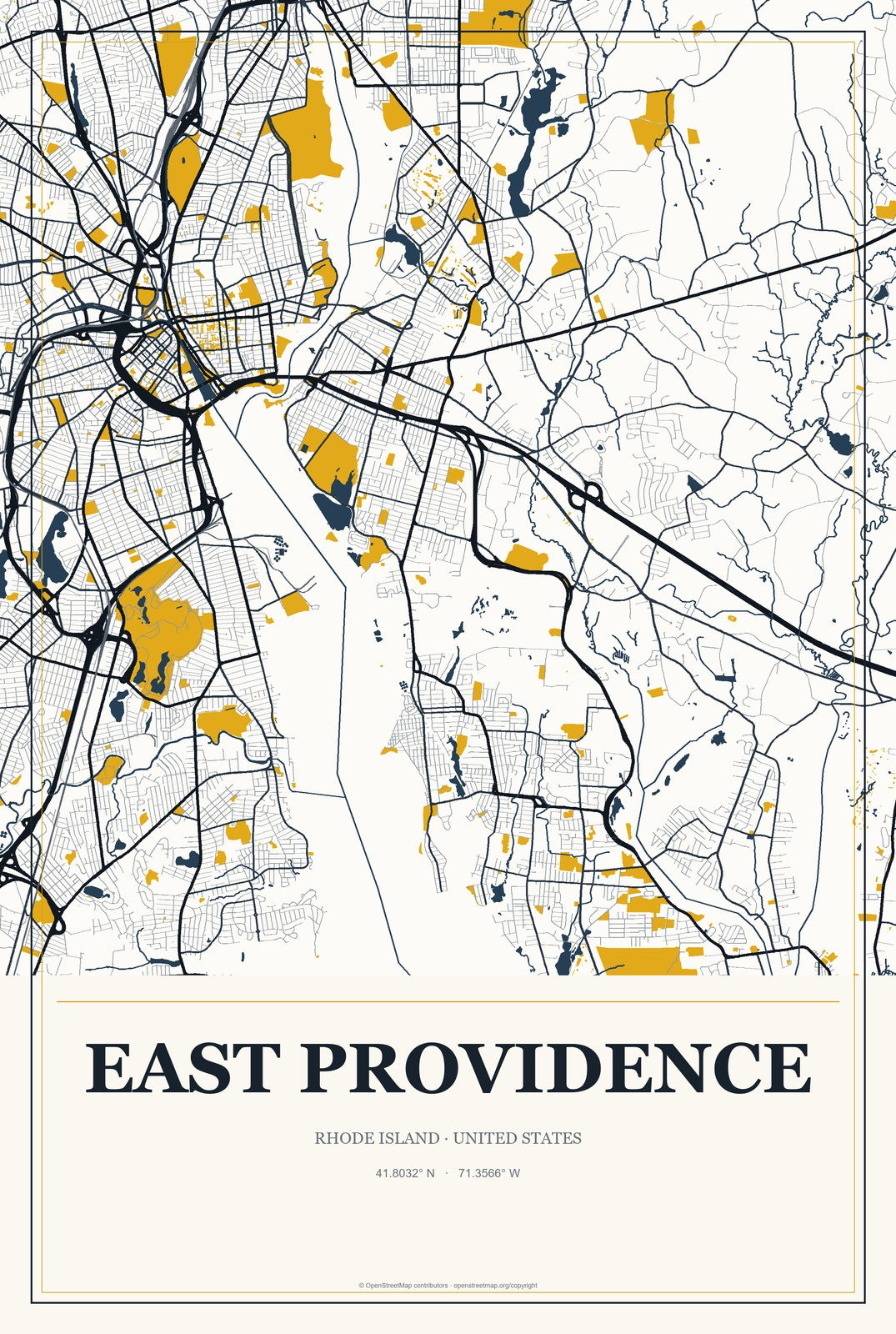 East Providence, Rhode Island City Map Aluminum Sign in Citrine Modern style