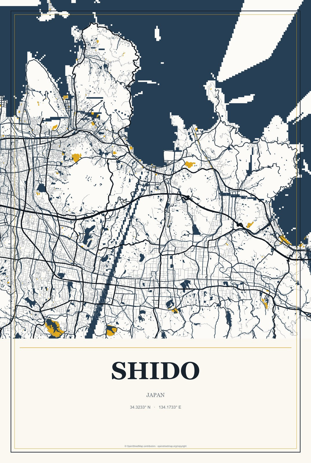 Shido, Japan City Map Aluminum Sign in Citrine Modern style