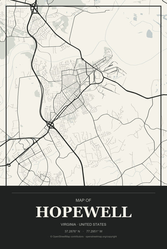 Hopewell, Virginia City Map Aluminum Sign in Museum Plaque style