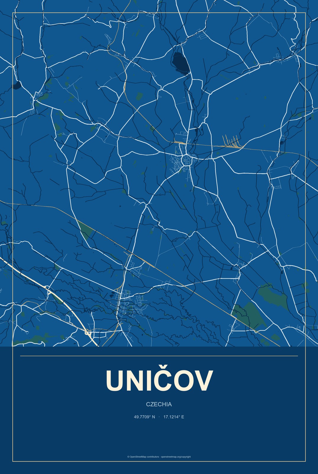 Uničov, Czechia City Map Aluminum Sign in Harbor Cobalt style