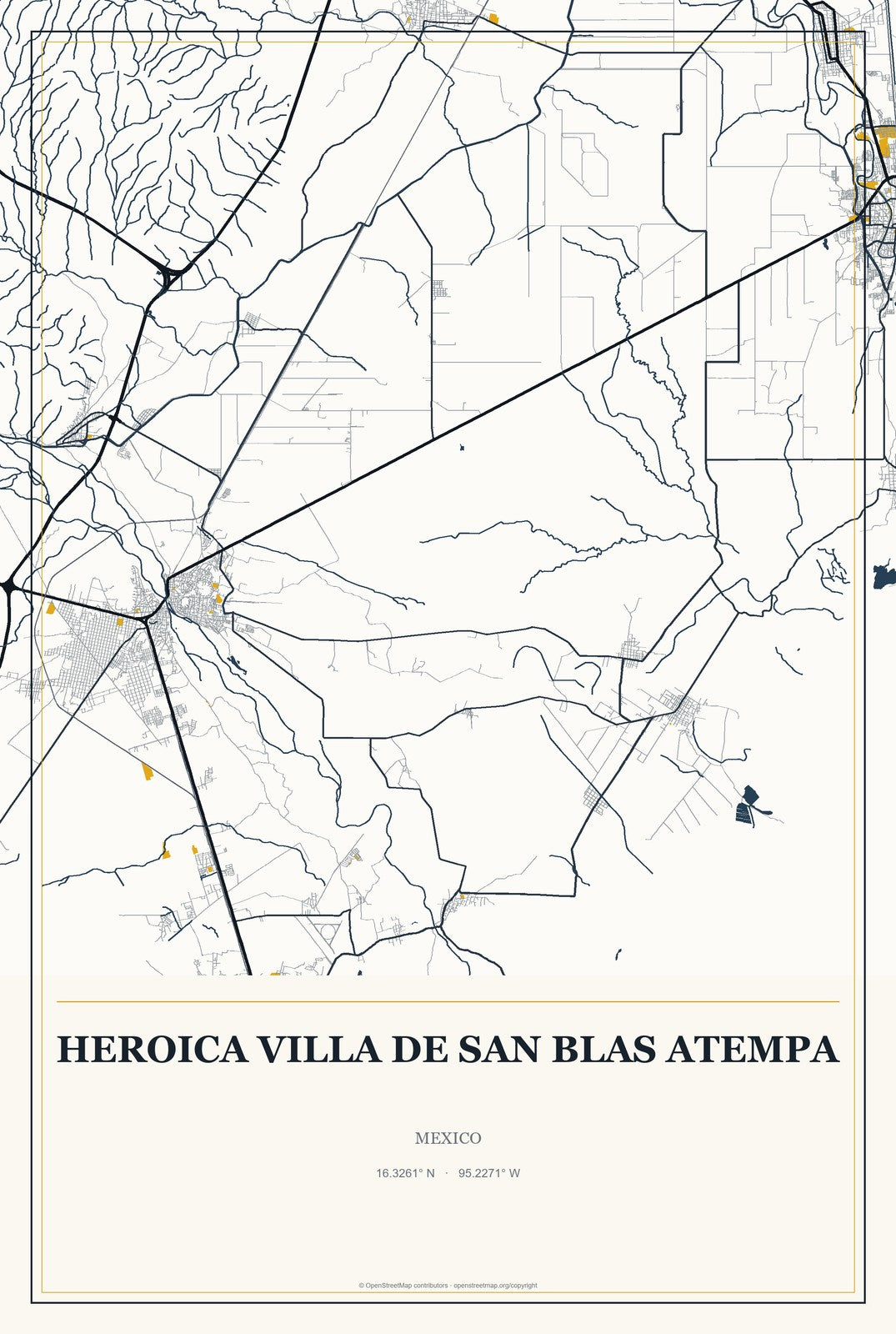 Heroica Villa de San Blas Atempa, Mexico City Map Aluminum Sign in Citrine Modern style