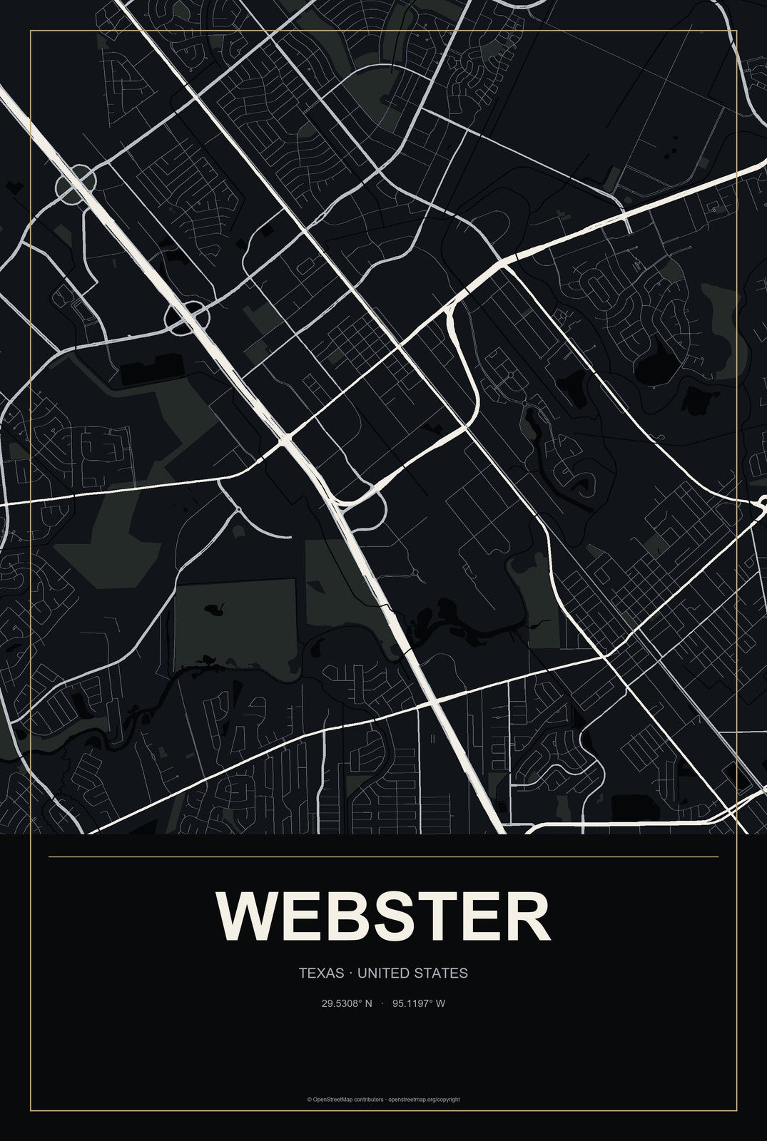 Webster, Texas City Map Aluminum Sign in Metropolitan Noir style