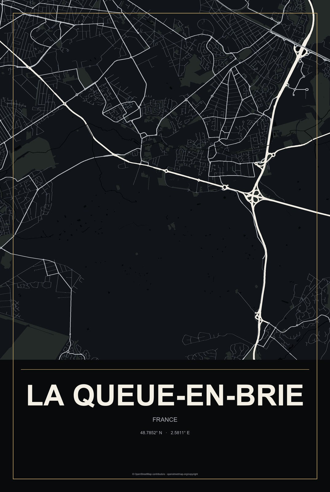 La Queue-en-Brie, France City Map Aluminum Sign in Metropolitan Noir style