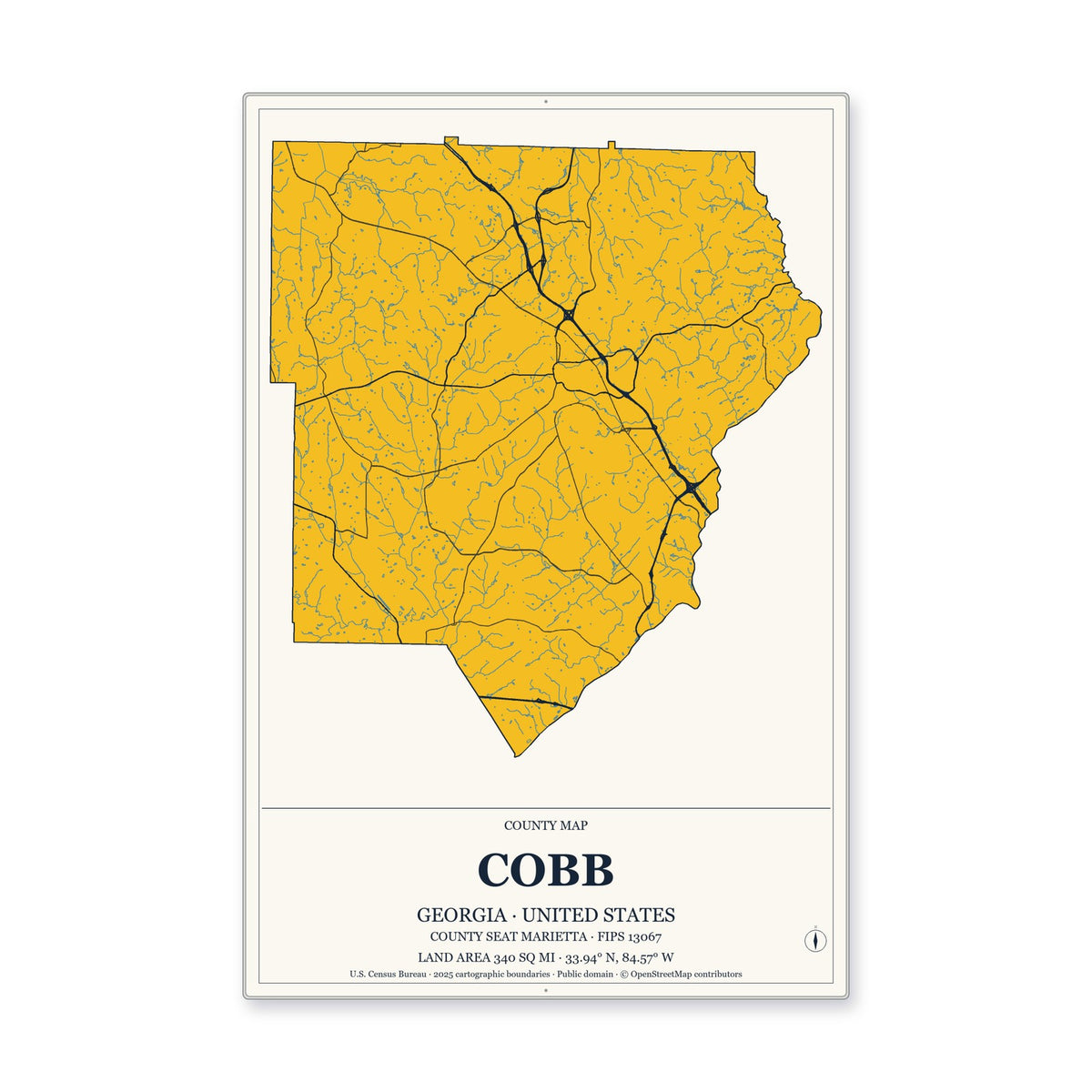 Cobb County, Georgia Map Aluminum Sign in Citrine Modern style