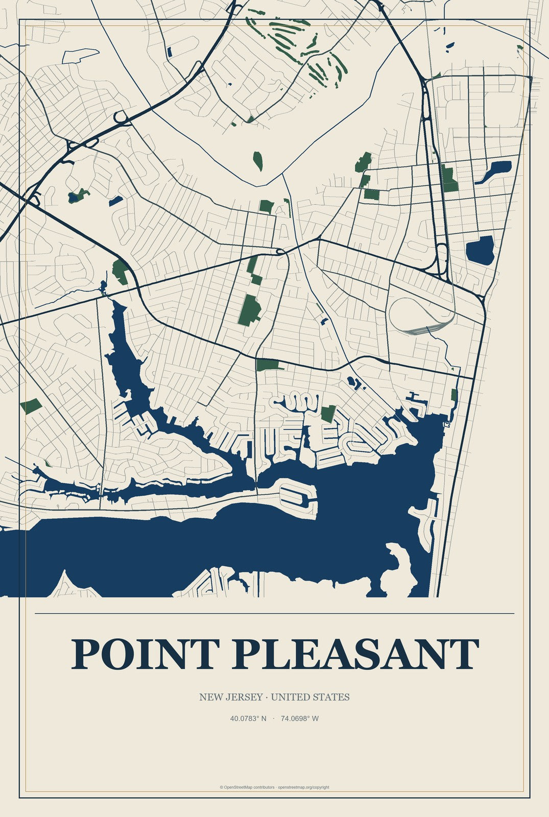 Point Pleasant, New Jersey City Map Aluminum Sign in Coastal Cutout style