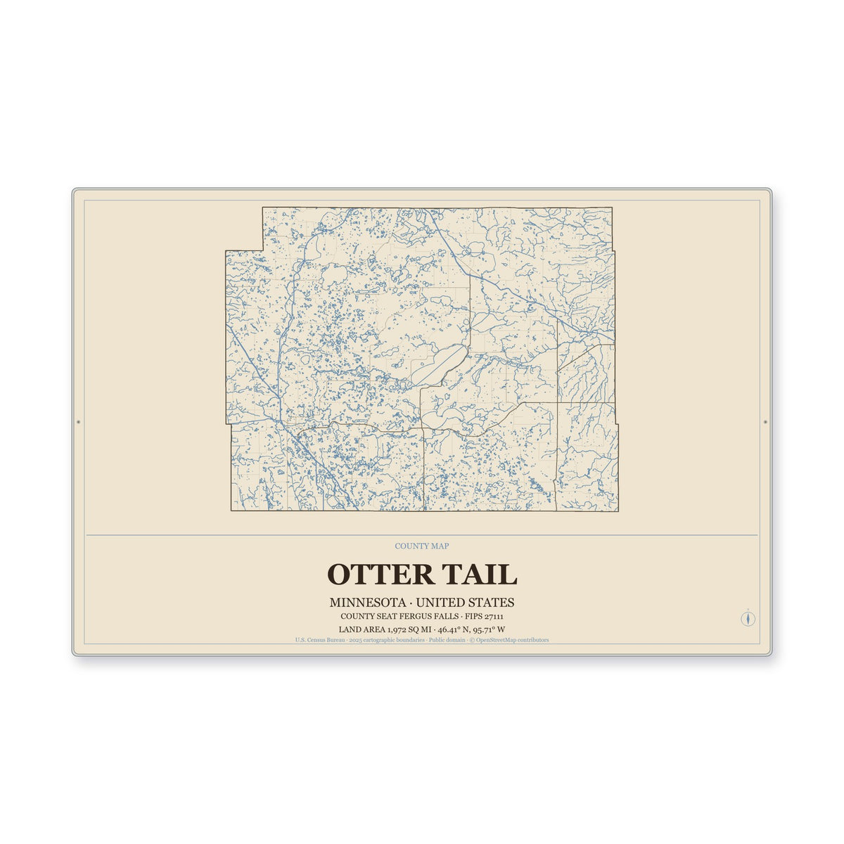 Otter Tail County, Minnesota Map Aluminum Sign in Heritage Nautical style