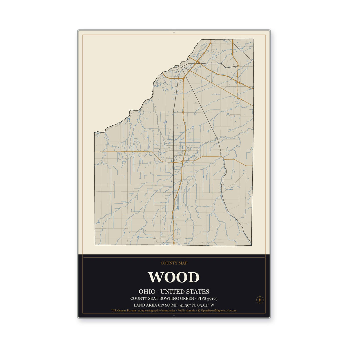 Wood County, Ohio Map Aluminum Sign in Museum Plaque style