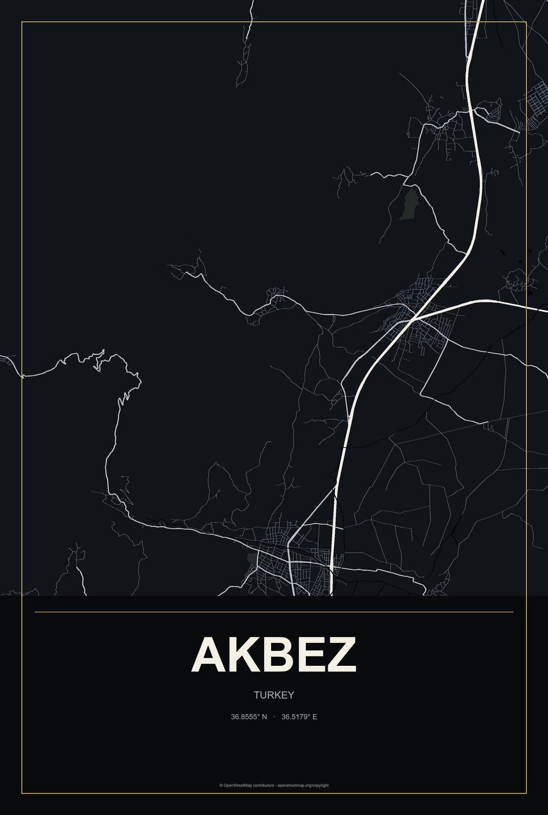Akbez, Turkey City Map Aluminum Sign in Metropolitan Noir style