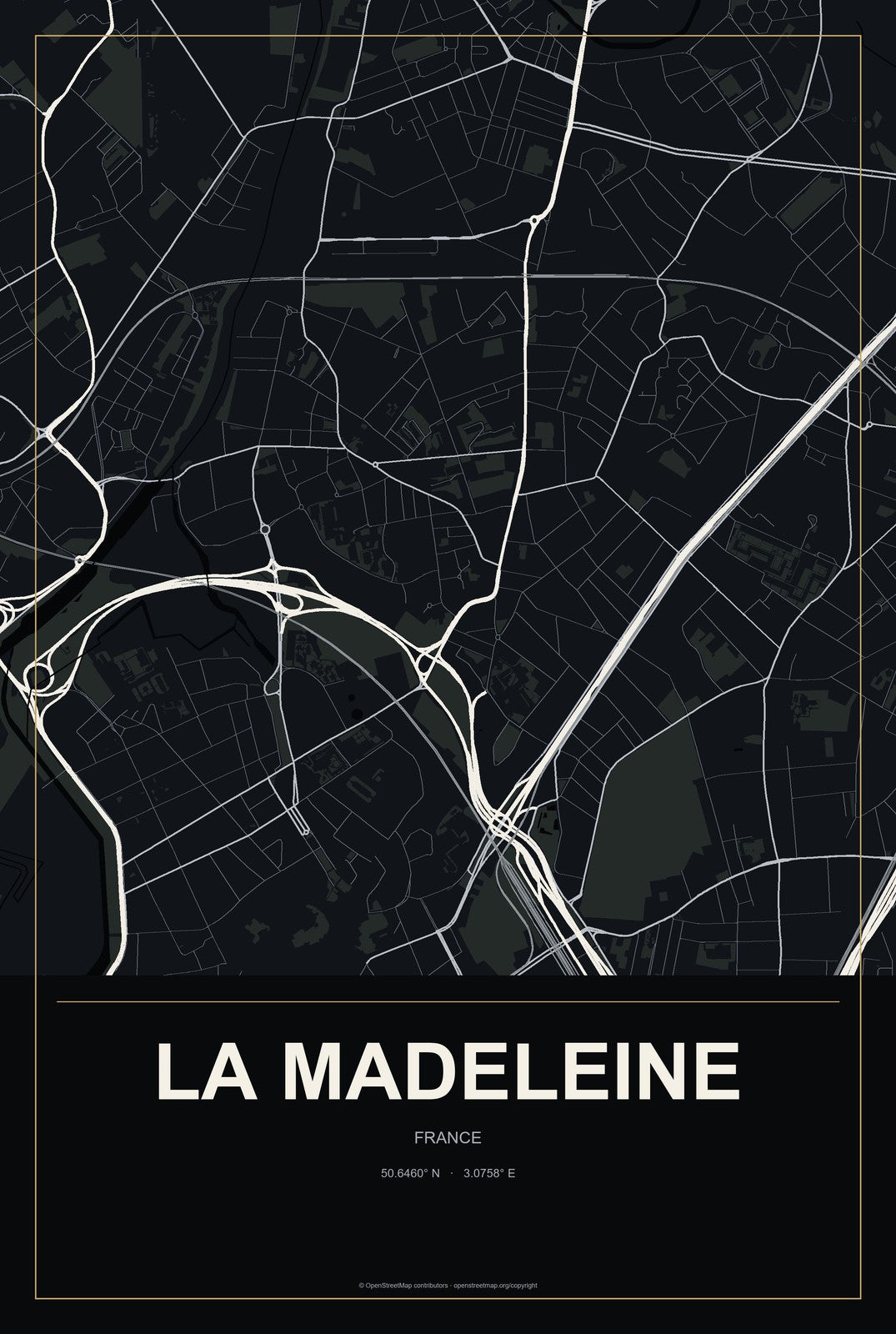 La Madeleine, France City Map Aluminum Sign in Metropolitan Noir style