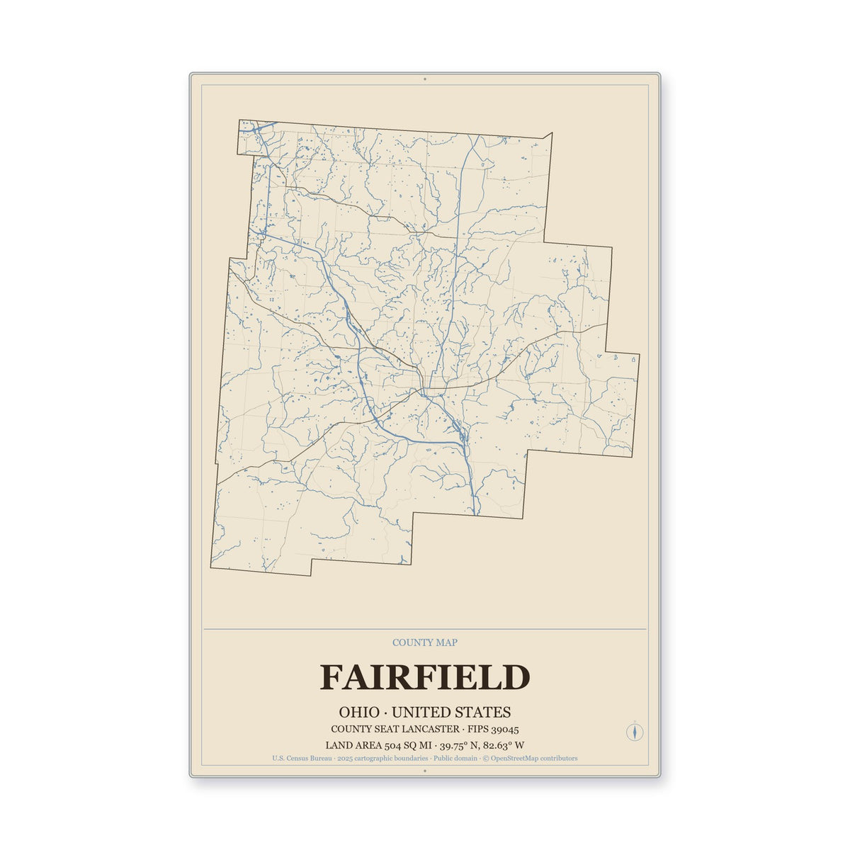 Fairfield County, Ohio Map Aluminum Sign in Heritage Nautical style