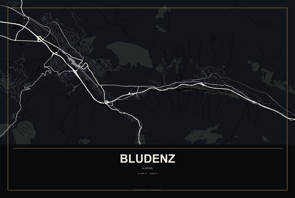 Bludenz, Austria City Map Aluminum Sign in Metropolitan Noir style