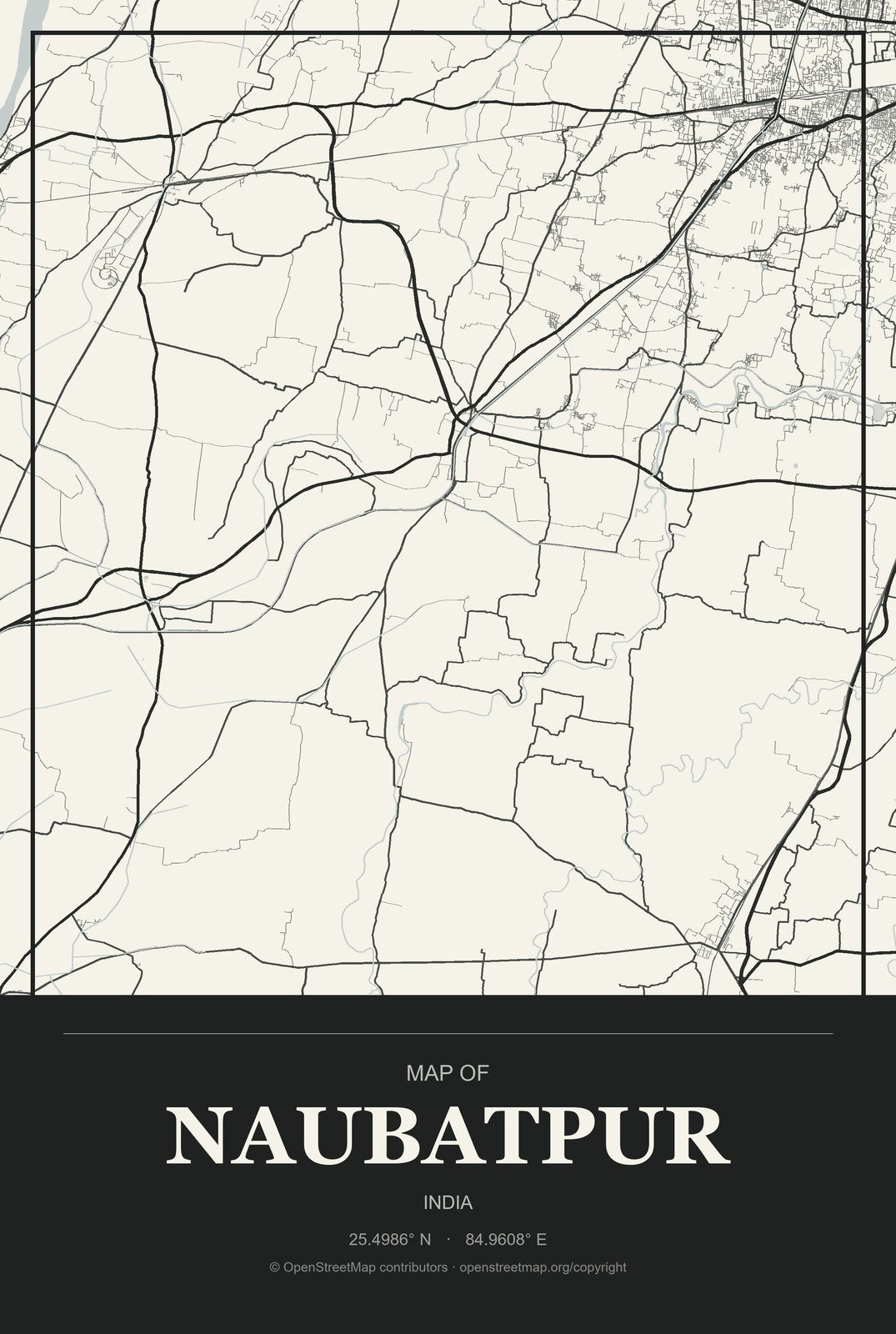 Naubatpur, India City Map Aluminum Sign in Museum Plaque style