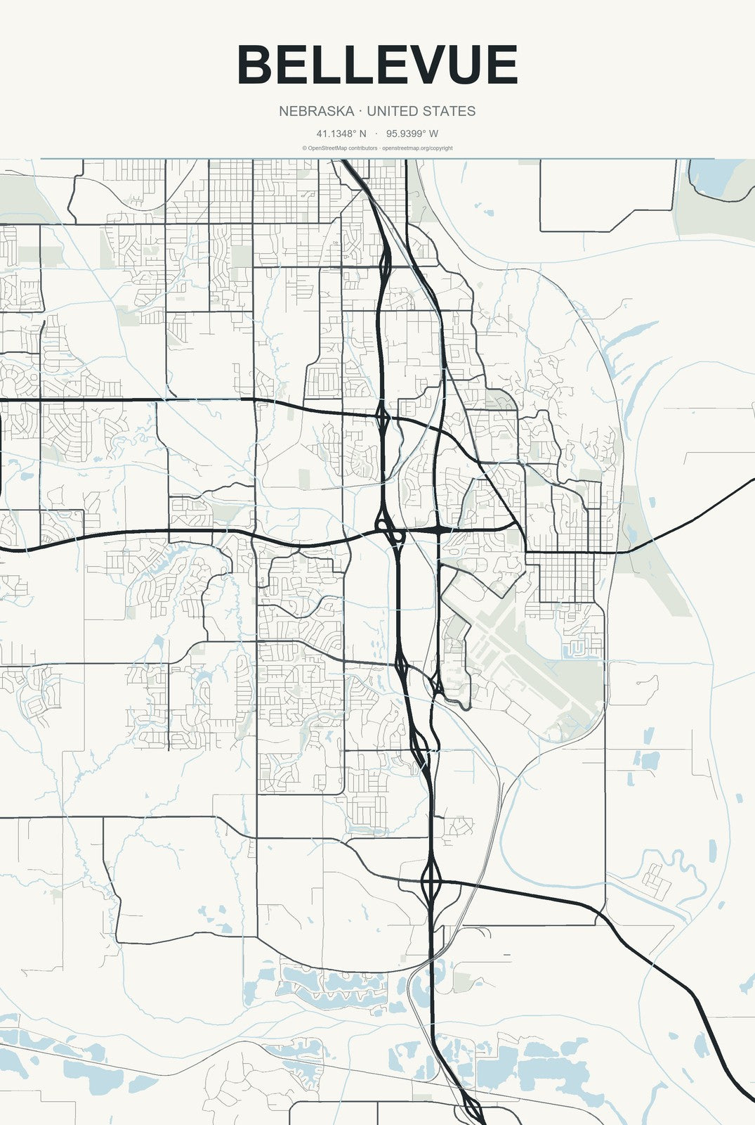 Bellevue, Nebraska City Map Aluminum Sign in Headline Atlas style