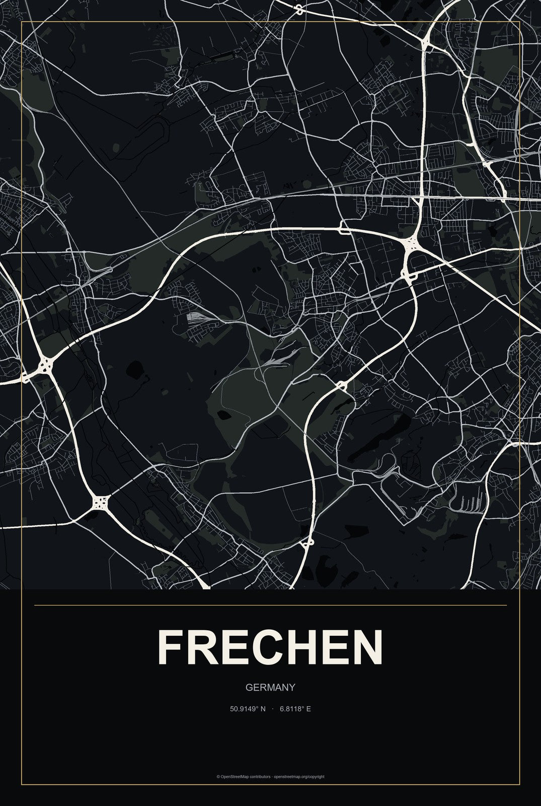 Frechen, Germany City Map Aluminum Sign in Metropolitan Noir style