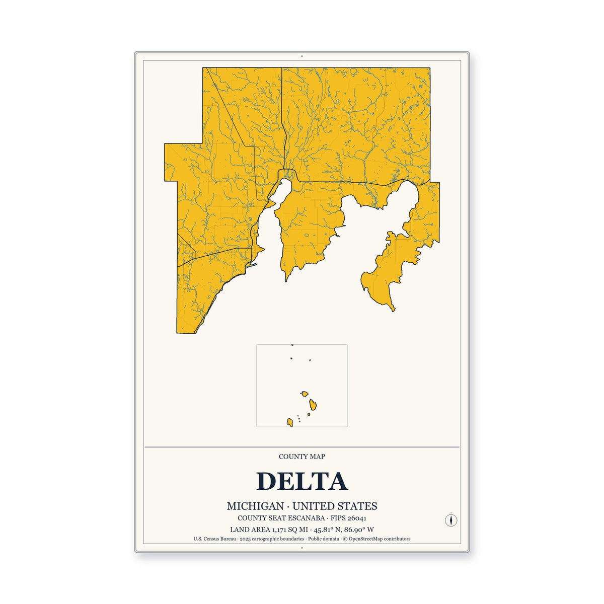 Delta County, Michigan Map Aluminum Sign in Citrine Modern style