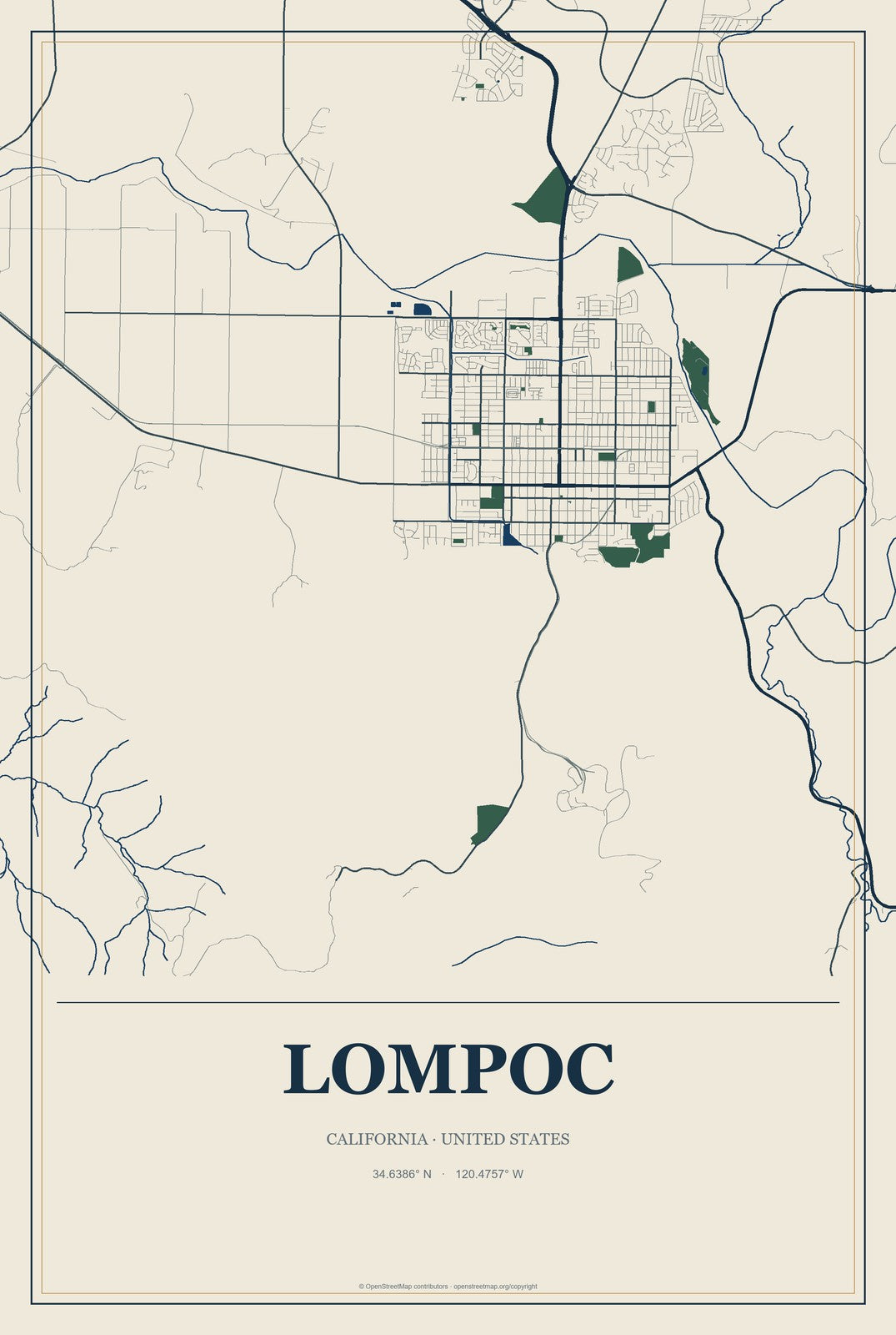 Lompoc, California City Map Aluminum Sign in Coastal Cutout style