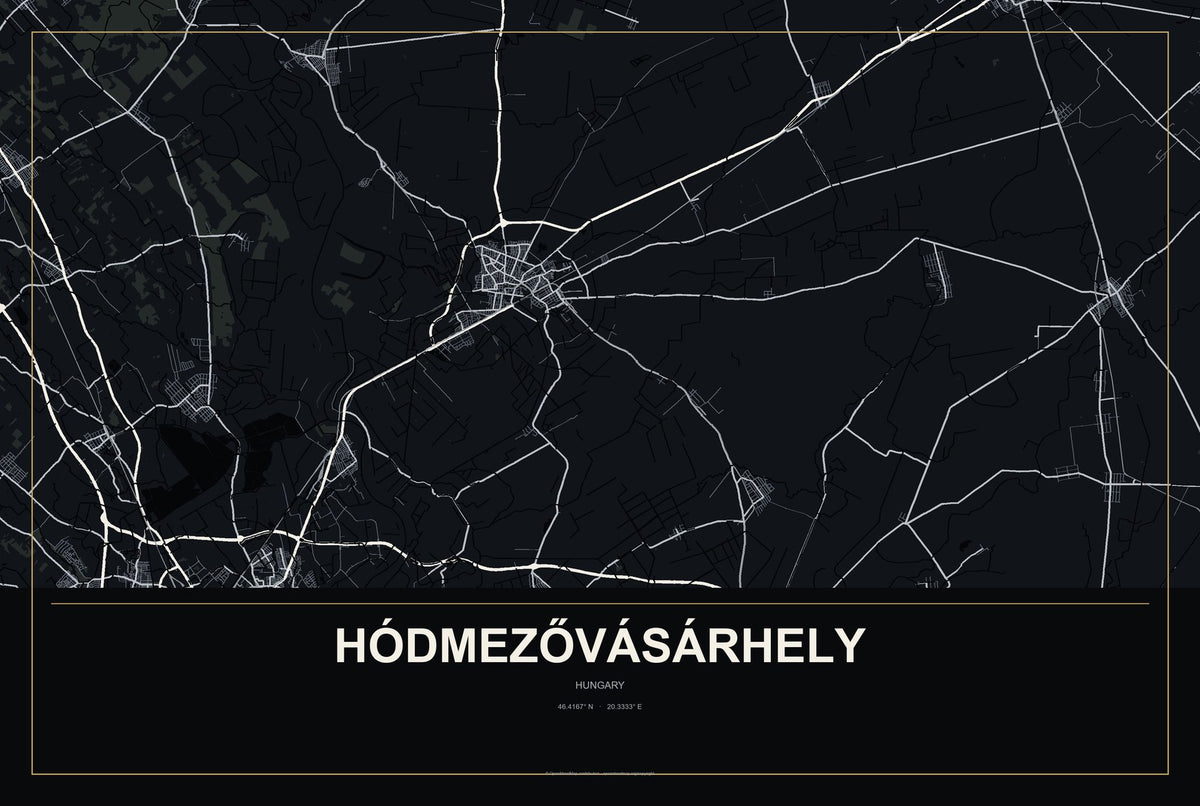 Hódmezővásárhely, Hungary City Map Aluminum Sign in Metropolitan Noir style