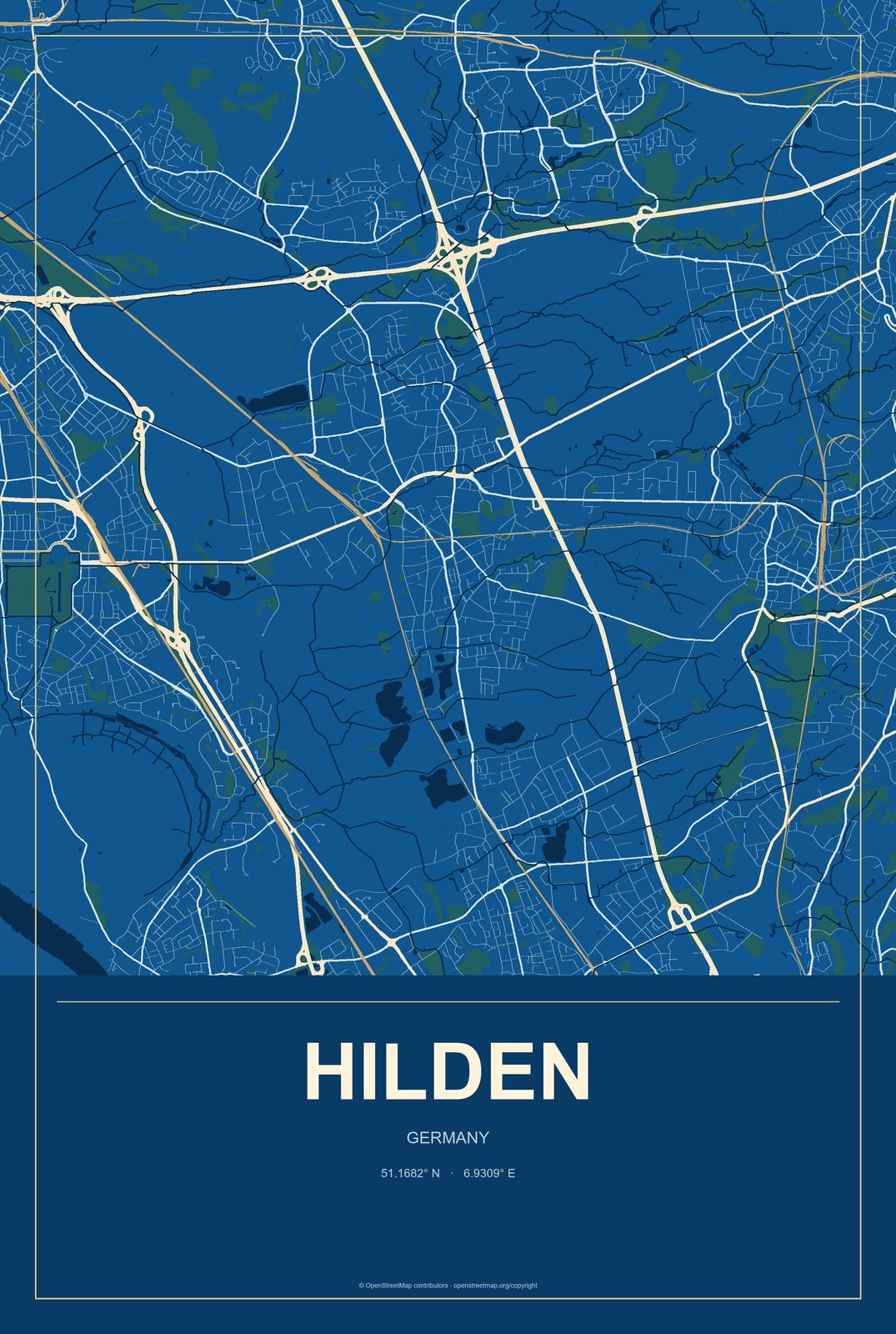 Hilden, Germany City Map Aluminum Sign in Harbor Cobalt style