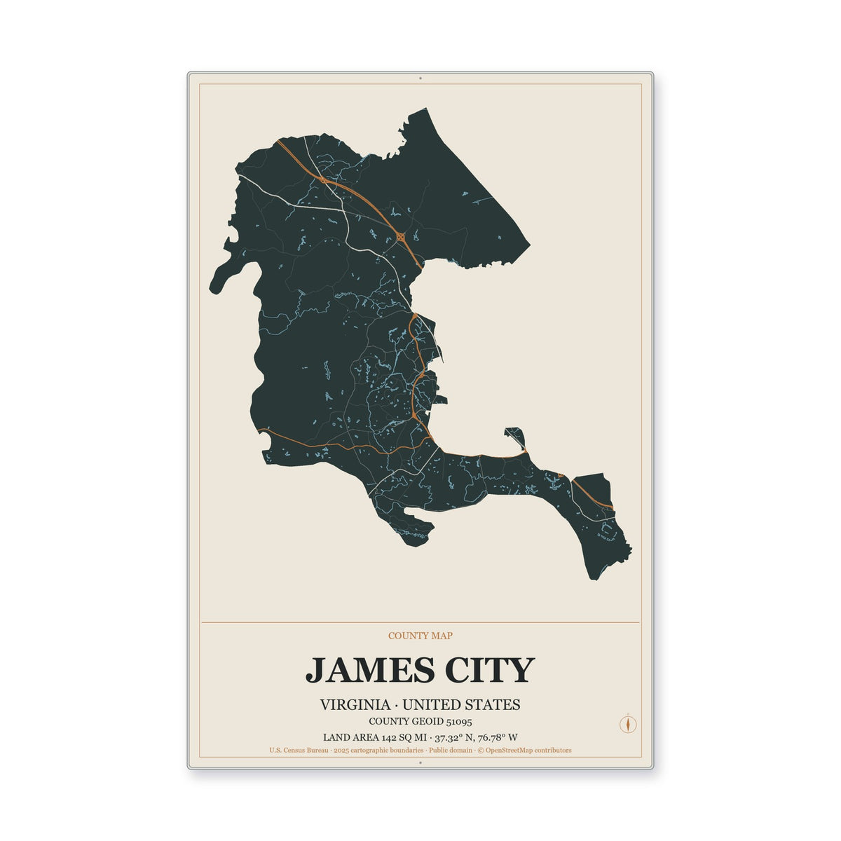 James City County, Virginia Map Aluminum Sign in Headline Atlas style