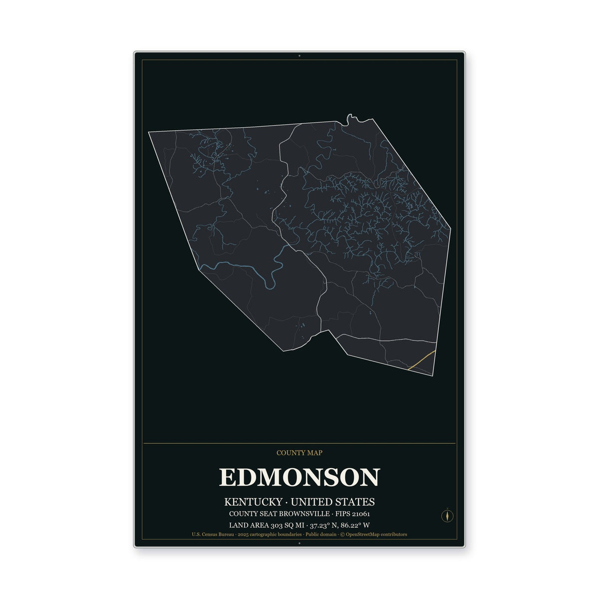Edmonson County, Kentucky Map Aluminum Sign in Metropolitan Noir style