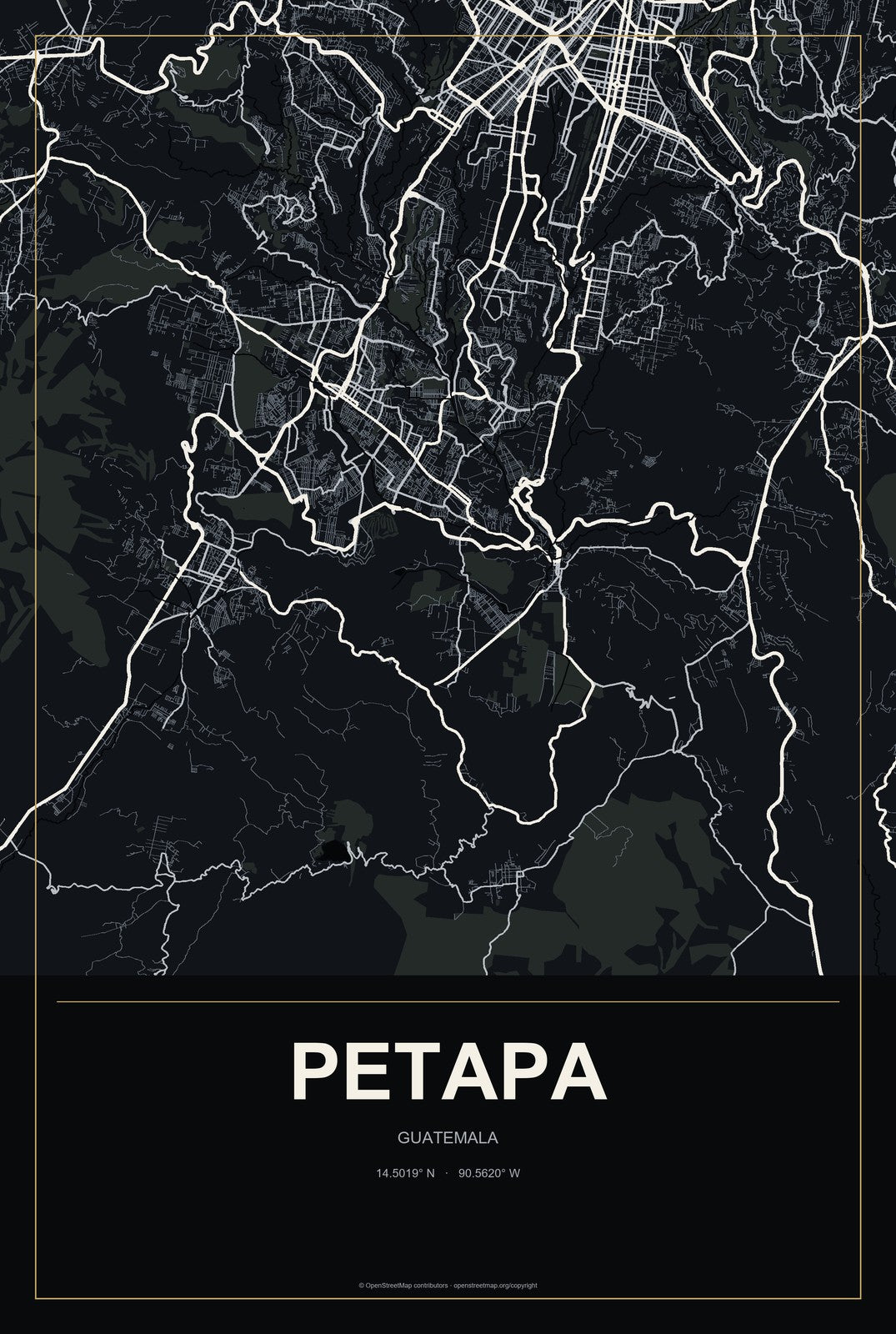 Petapa, Guatemala City Map Aluminum Sign in Metropolitan Noir style