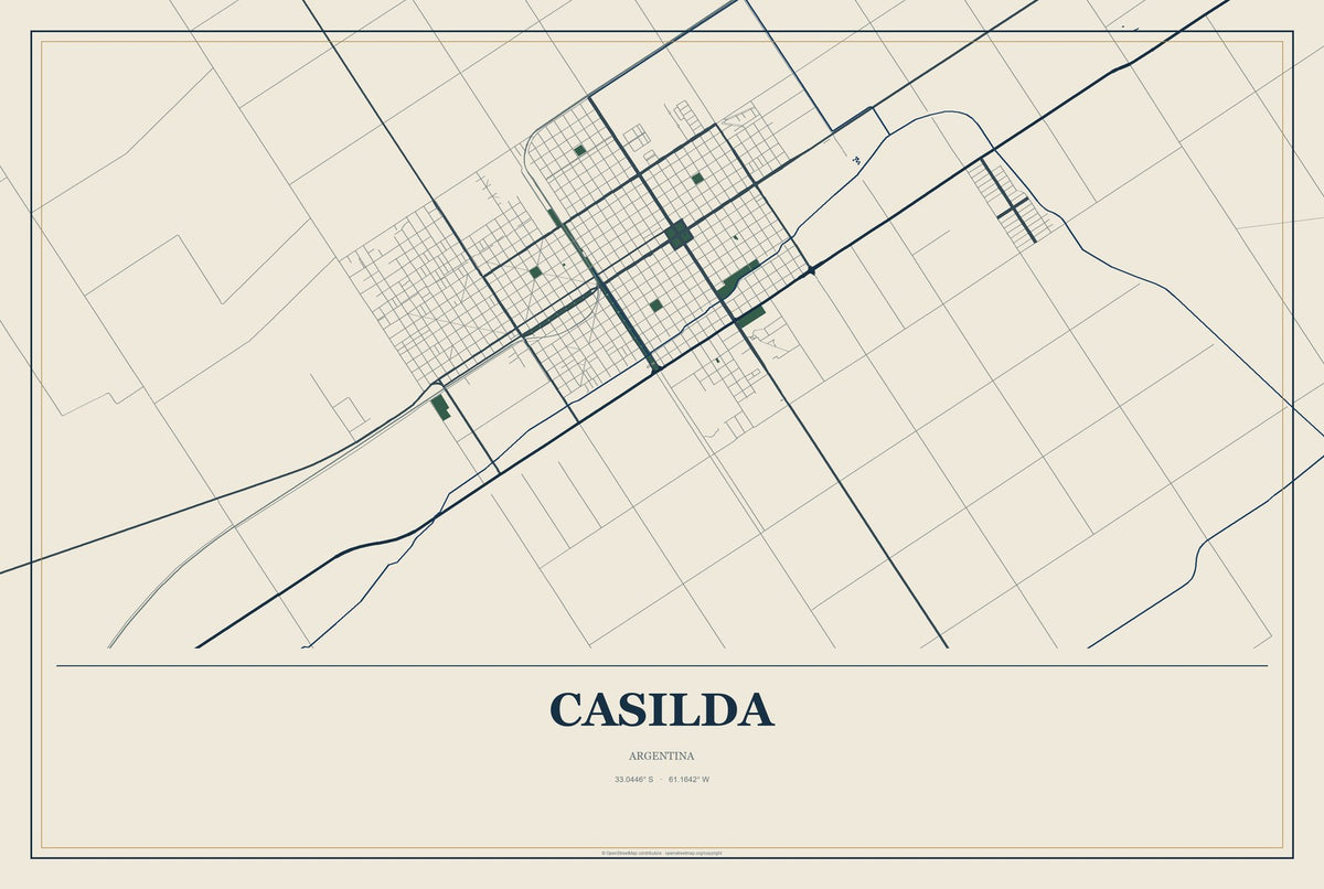 Casilda, Argentina City Map Aluminum Sign in Coastal Cutout style