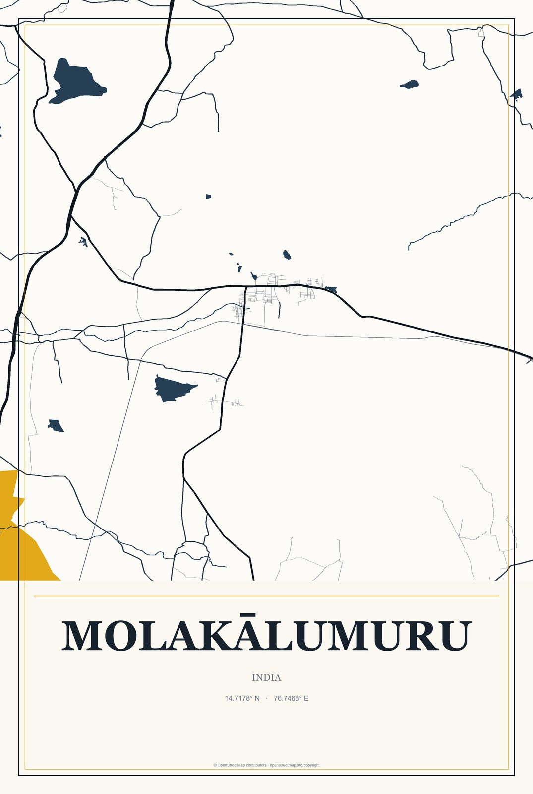 Molakālumuru, India City Map Aluminum Sign in Citrine Modern style
