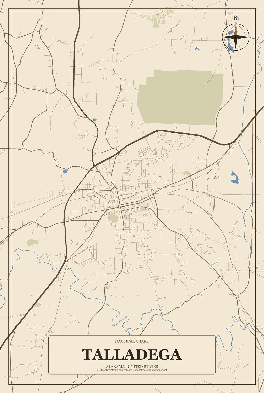Talladega, Alabama City Map Aluminum Sign in Heritage Nautical style