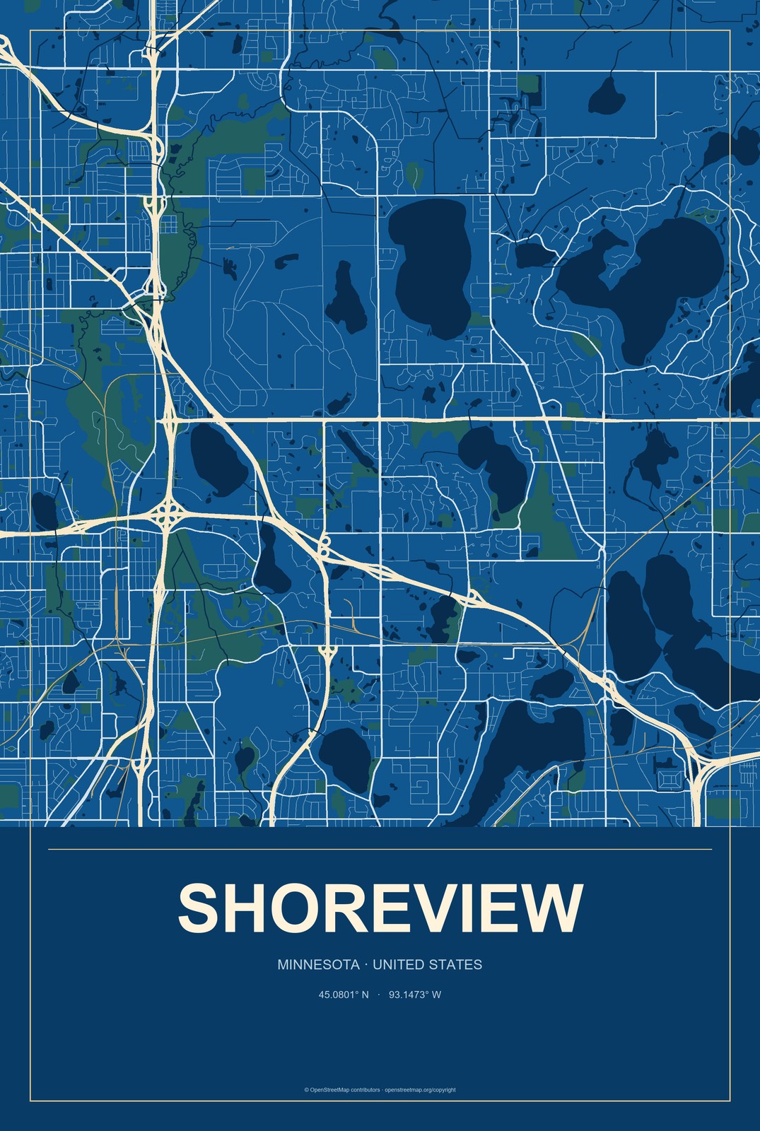 Shoreview, Minnesota City Map Aluminum Sign in Harbor Cobalt style