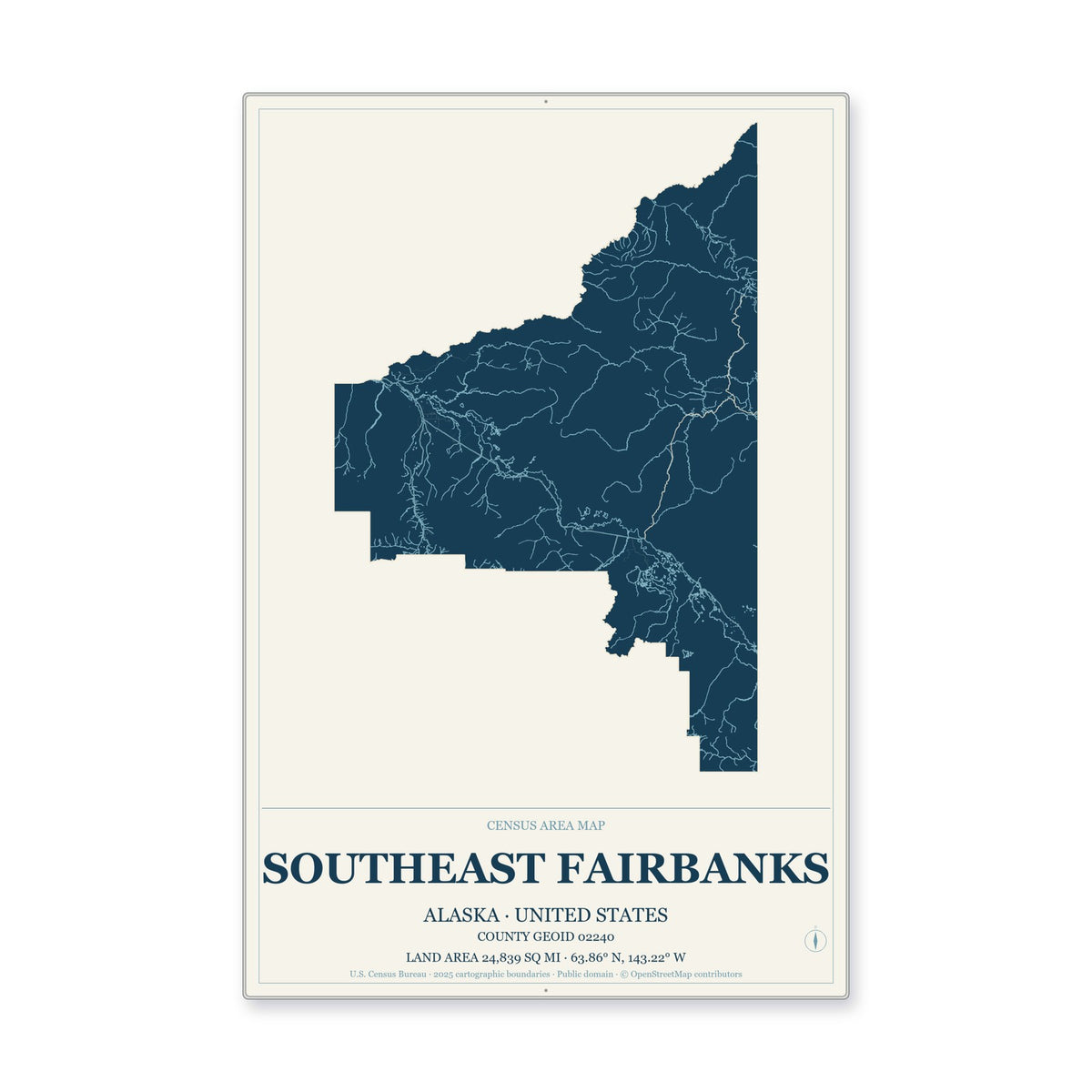 Southeast Fairbanks Census Area, Alaska Map Aluminum Sign in Coastal Cutout style
