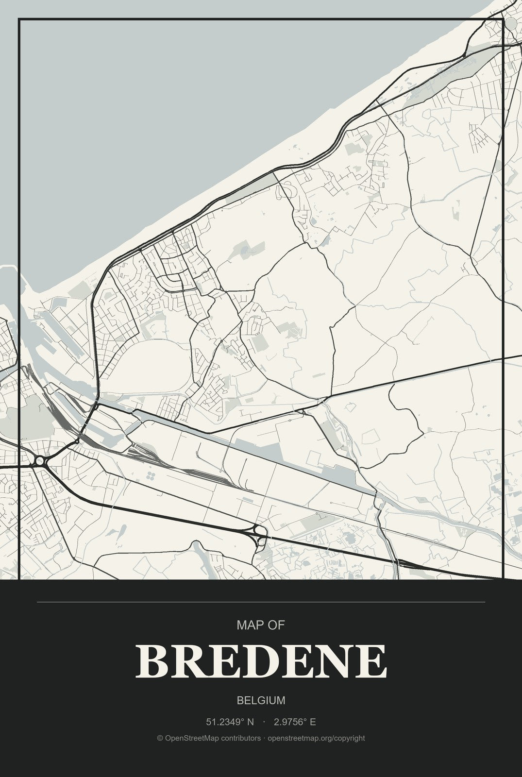 Bredene, Belgium City Map Aluminum Sign in Museum Plaque style