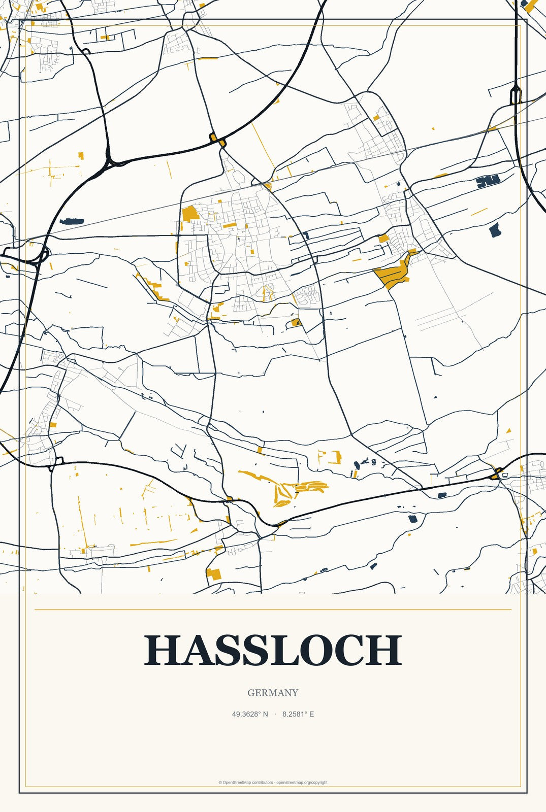 Haßloch, Germany City Map Aluminum Sign in Citrine Modern style