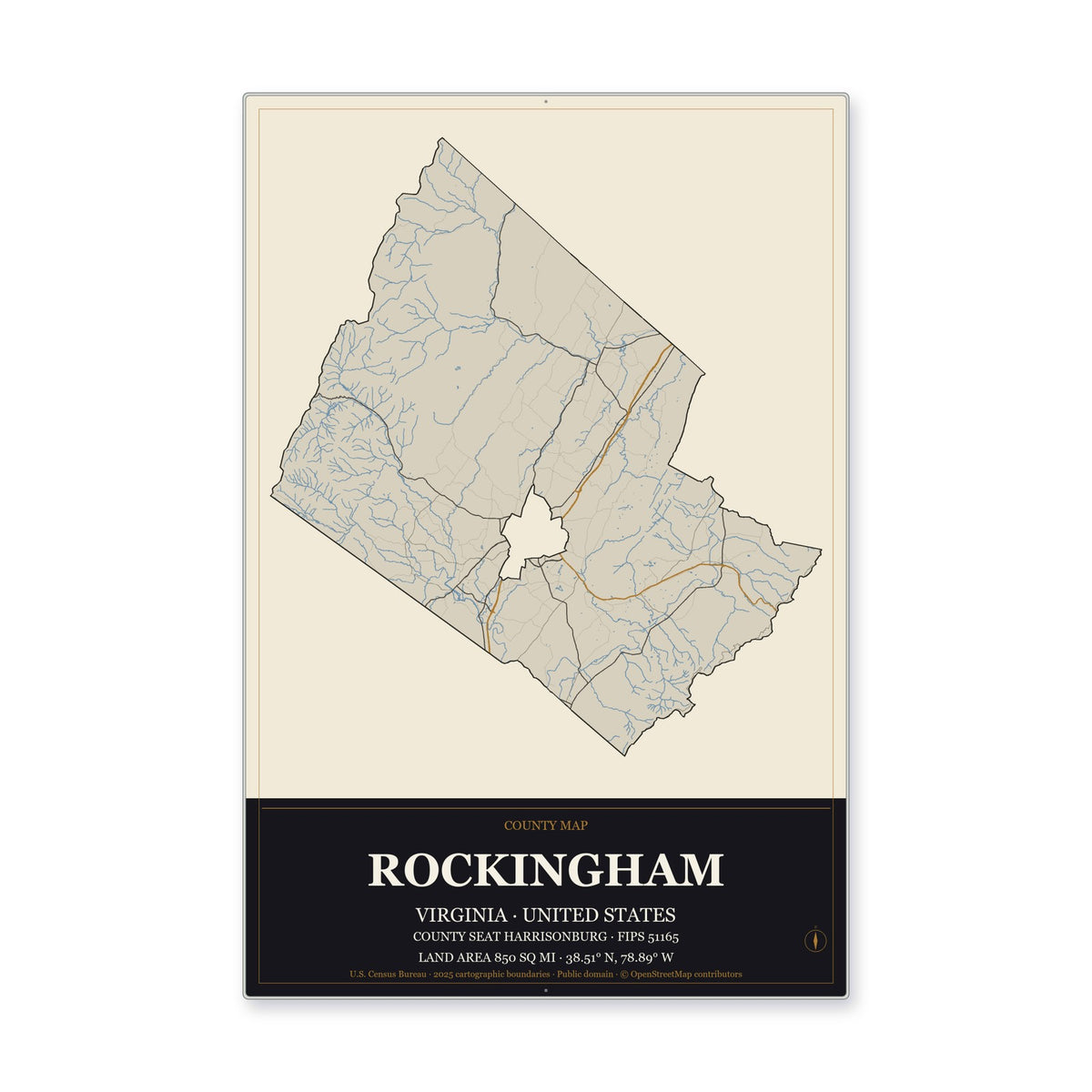 Rockingham County, Virginia Map Aluminum Sign in Museum Plaque style