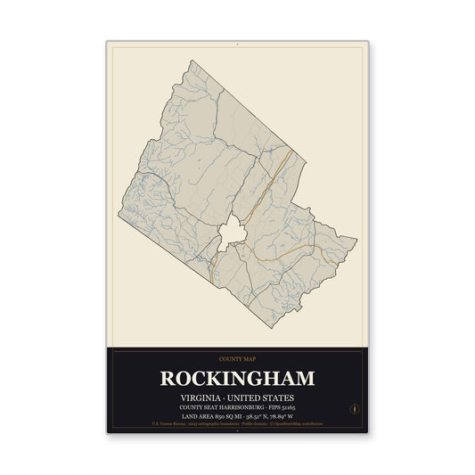 Rockingham County, Virginia Map Aluminum Sign in Museum Plaque style