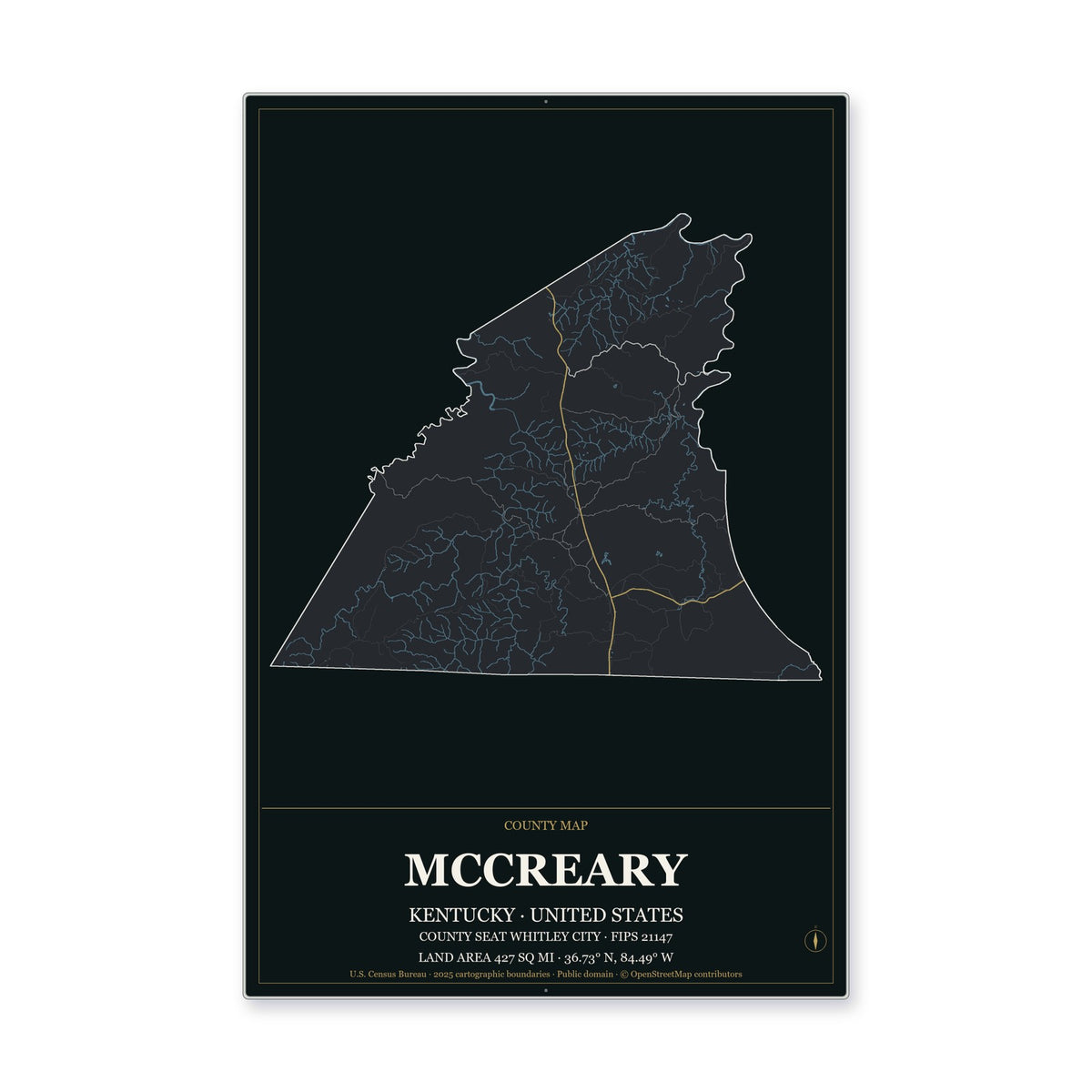 McCreary County, Kentucky Map Aluminum Sign in Metropolitan Noir style