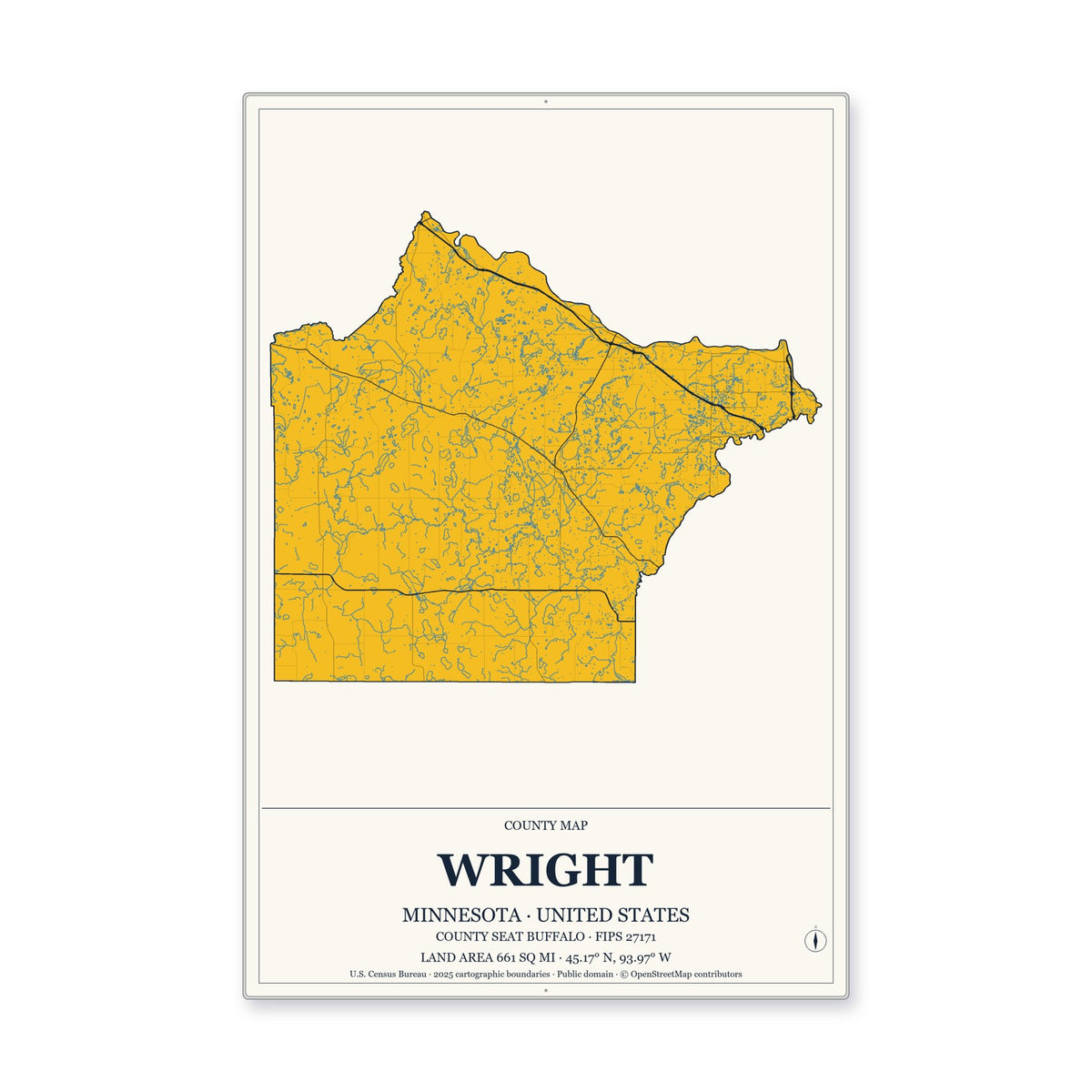 Wright County, Minnesota Map Aluminum Sign in Citrine Modern style