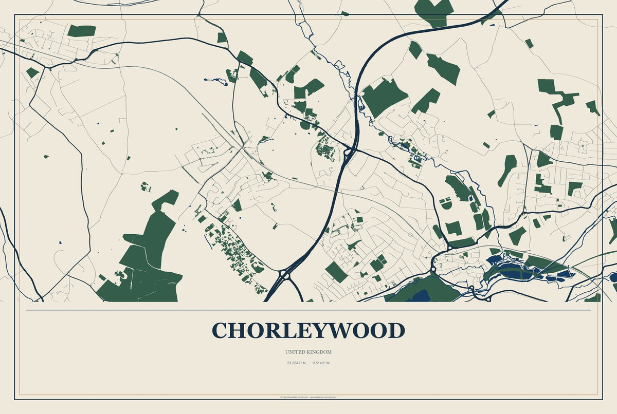 Chorleywood, United Kingdom City Map Aluminum Sign in Coastal Cutout style
