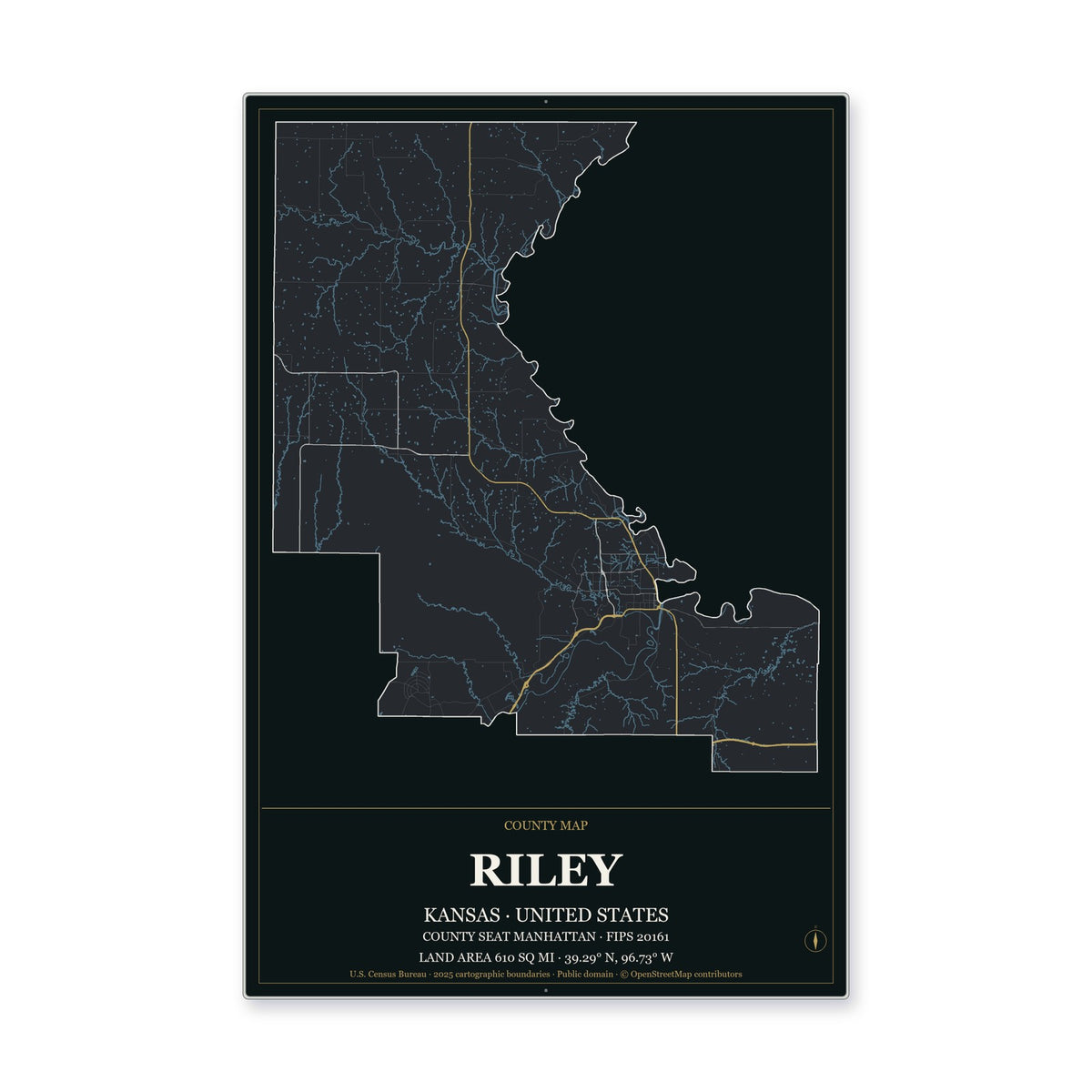 Riley County, Kansas Map Aluminum Sign in Metropolitan Noir style